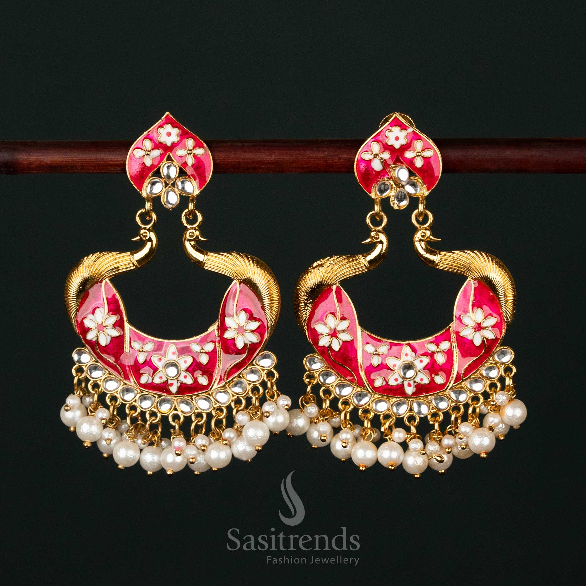 Traditional Gold Plated Painted Peacock Pearl Earrings For Festive Wear - Sasitrends - Image 4