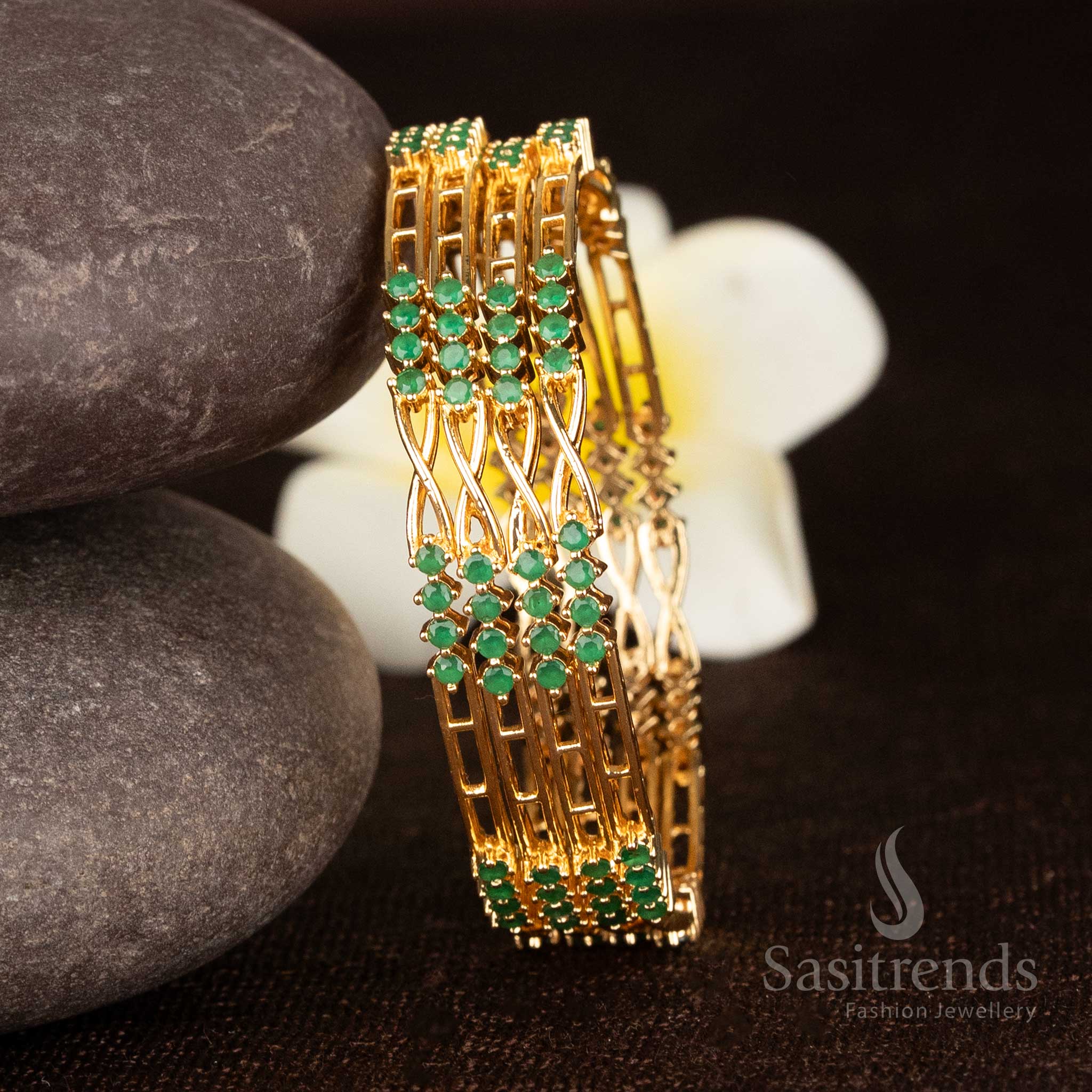 Sasitrends - Guaranteed American Diamond One Gram Micro Gold Plated Set of 4 Bangles With Twisted Design - Image 3