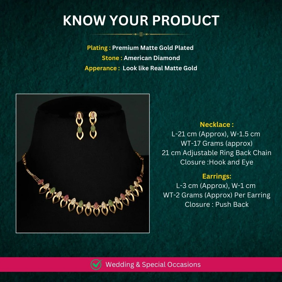 Attractive American Diamond Matte Gold Necklace Jewellery Set with Dual Leaf Motifs And Multicolored Floral Accents for Festive Wear- Sasitrends - Image 2