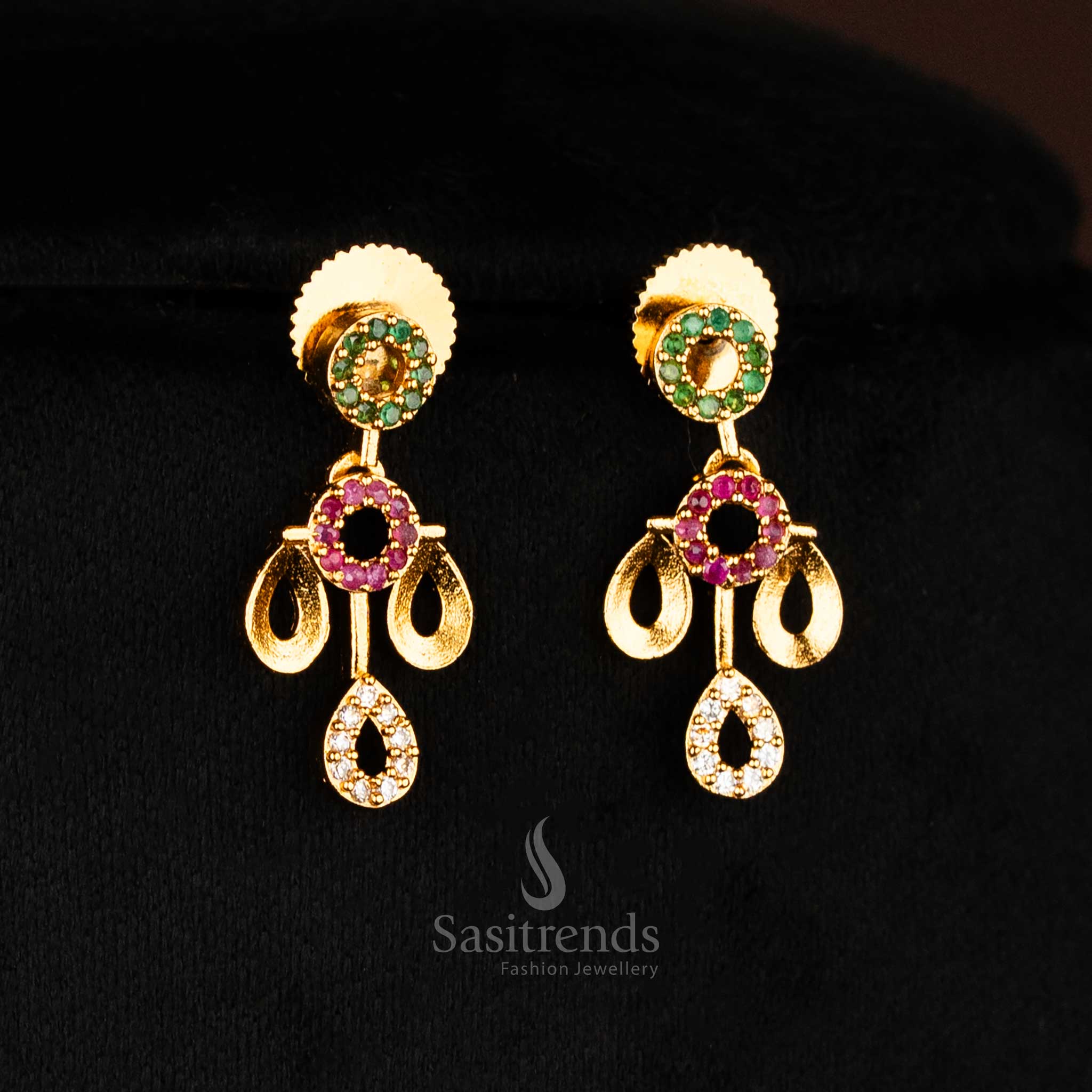 Beautiful American Diamond Teardrop and Floral Motif Necklace Jewellery Set – Matte Gold Festive Jewellery - Sasitrends - Image 3