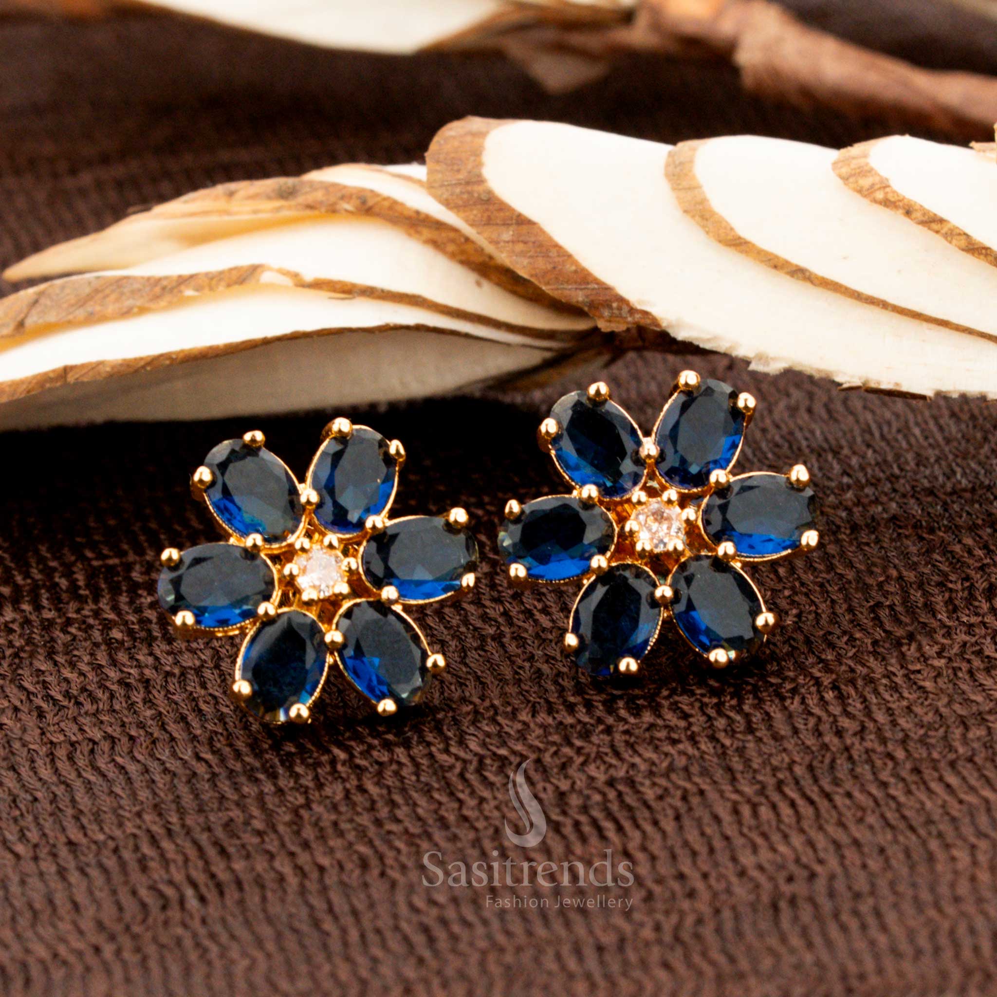 Wonderful Gold-Plated American Diamond Floral Stud Earrings With White And Ruby Stones For Party Wear - Sasitrends - Image 7