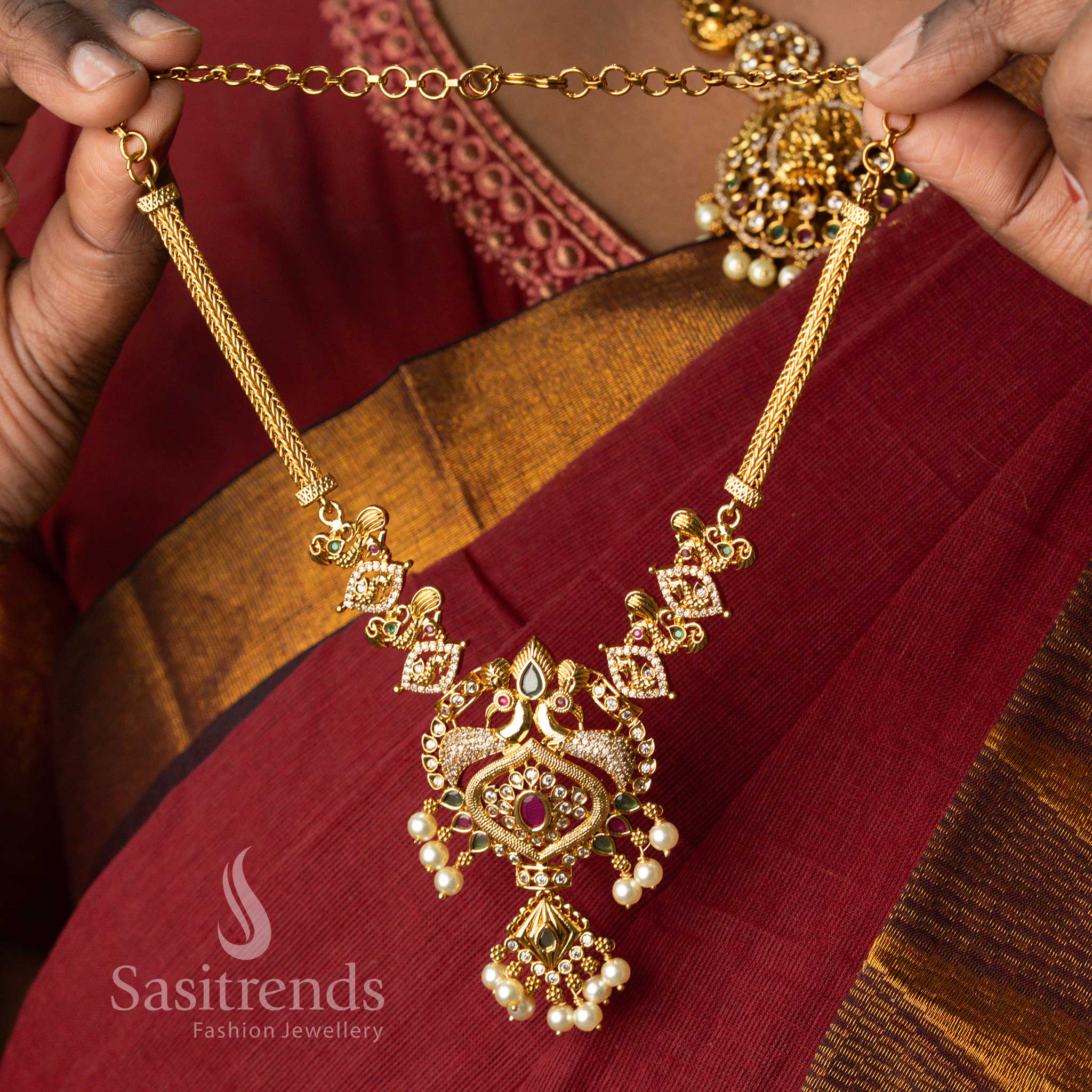 Gorgeous Premium Matte Gold Plated Peacock Heart Design AD Stone Necklace Jewellery Set with Pearl Drops – Traditional Wedding & Temple Jewellery - Sasitrends - Image 3