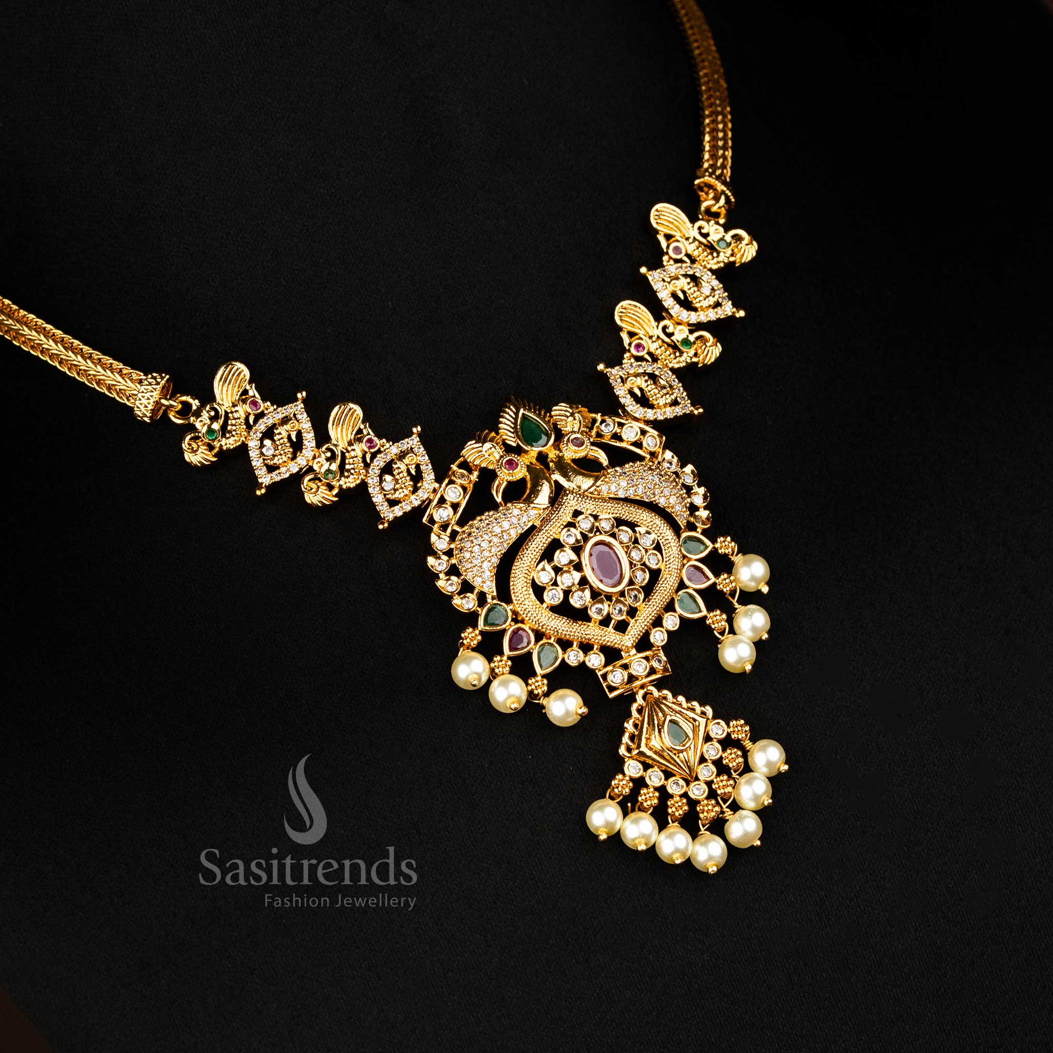Gorgeous Premium Matte Gold Plated Peacock Heart Design AD Stone Necklace Jewellery Set with Pearl Drops – Traditional Wedding & Temple Jewellery - Sasitrends - Image 6