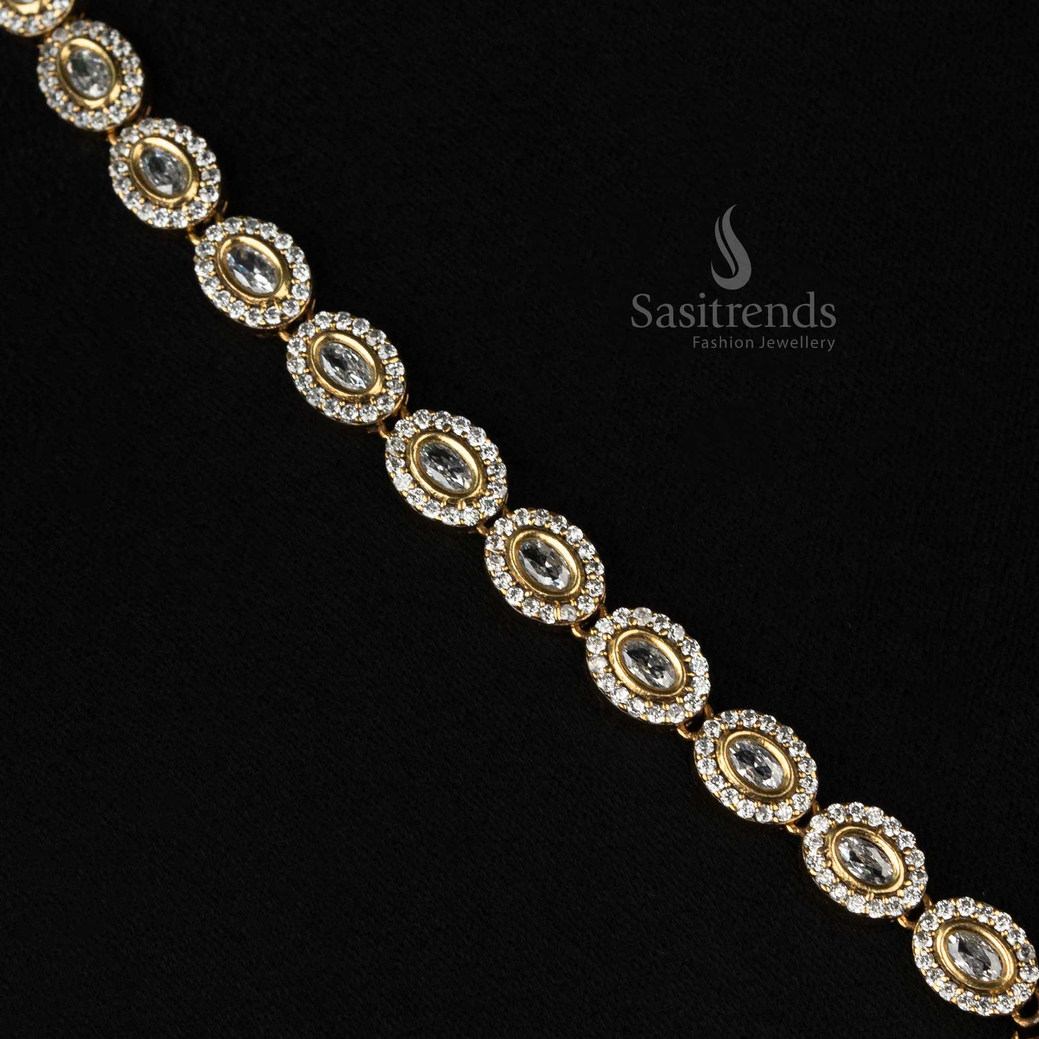 Wonderful Matte Gold Plated Kundan Necklace Jewellery Set with Intricate Filigree Pendant & American Diamond Stones - Sasitrends - Image 3