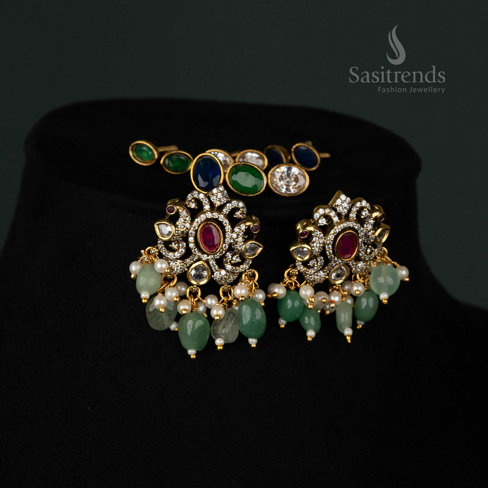 Wonderful Matte Gold Plated Kundan Necklace Jewellery Set with Intricate Filigree Pendant & American Diamond Stones - Sasitrends - Image 4