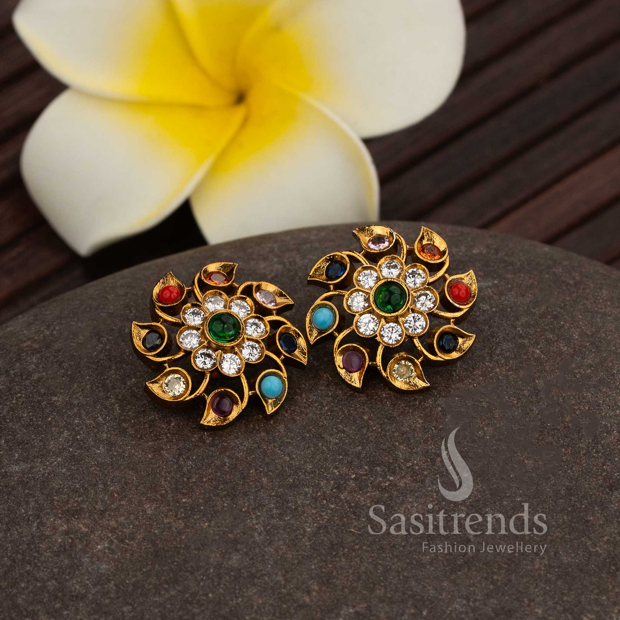 Attractive Matte Gold Plated Spiral Floral Stud Earrings with AD Stone Detailing For Festivals - Sasitrends - Image 2