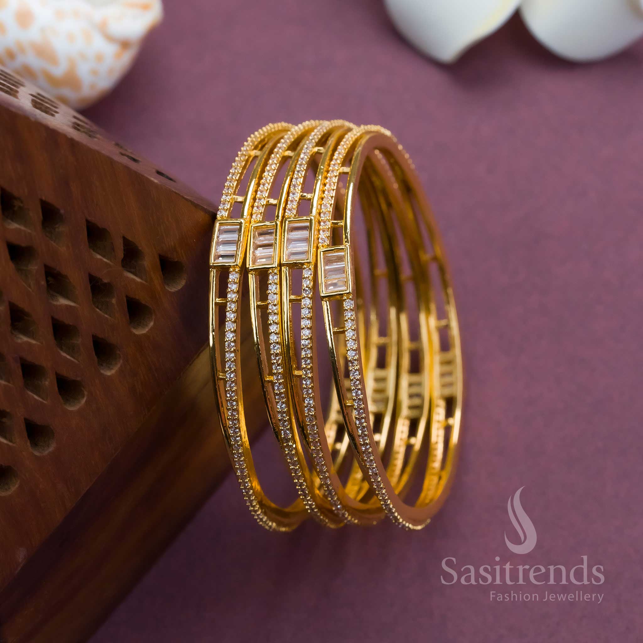 Stylish Micro Gold Plated AD Bangles Set: 4 Pieces Floral American Diamond - Image 3