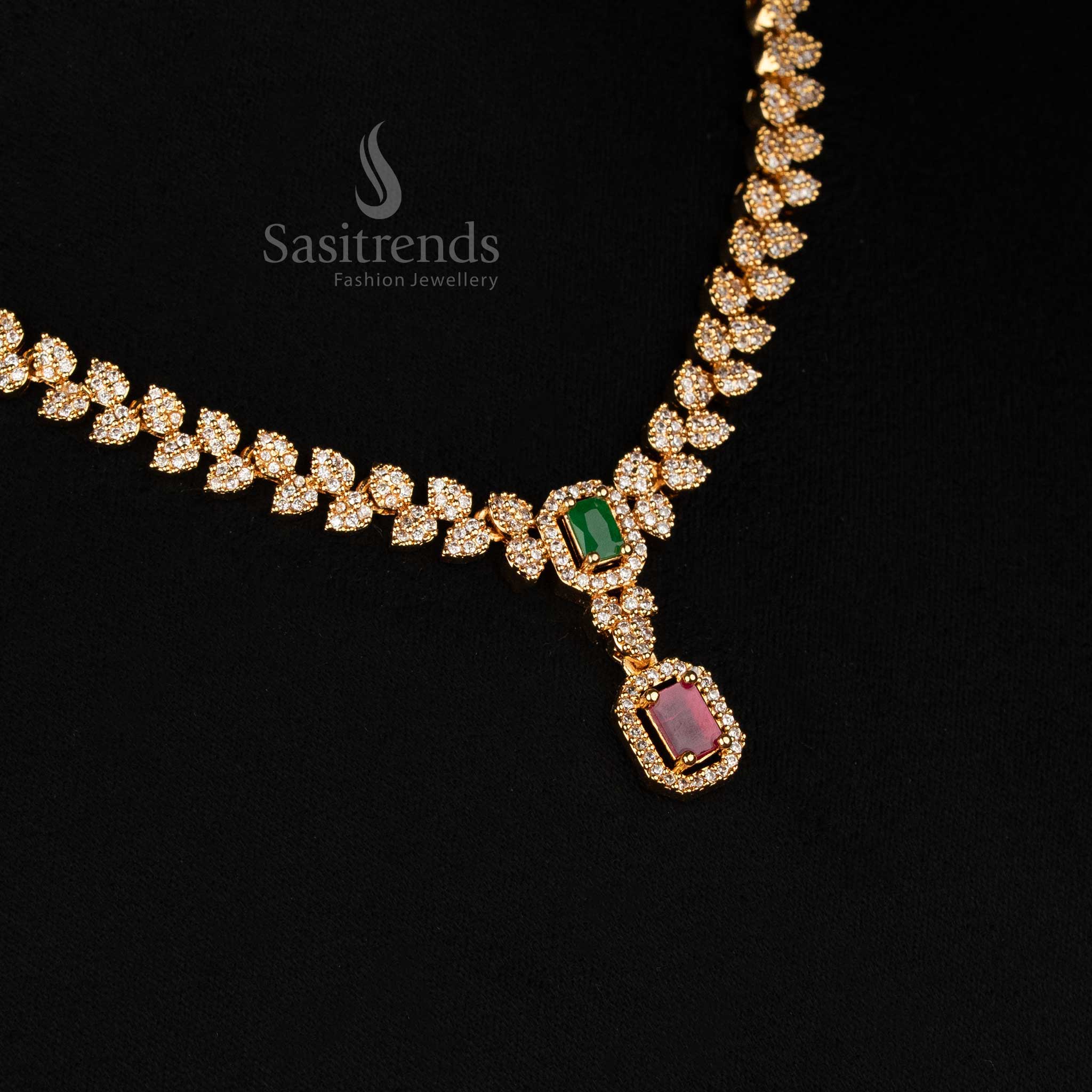 Wonderful Micro Gold Plated American Diamond Leaf Pattern Necklace Jewellery Set with Rectangular Stone Drop Pendant - Sasitrends - Image 4