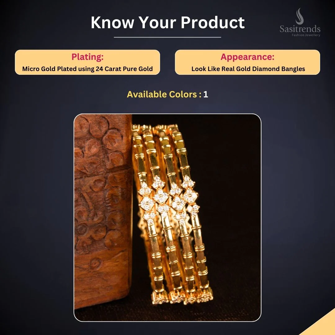 Elegant Guaranteed Micro Gold Plated American Diamond Studded Bamboo-Inspired  Bangle Set For Festive & Temple Wear - Sasitrends - Image 2