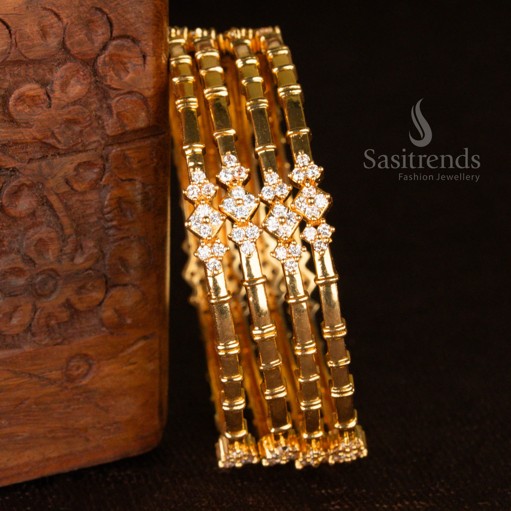 Elegant Guaranteed Micro Gold Plated American Diamond Studded Bamboo-Inspired  Bangle Set For Festive & Temple Wear - Sasitrends - Image 3