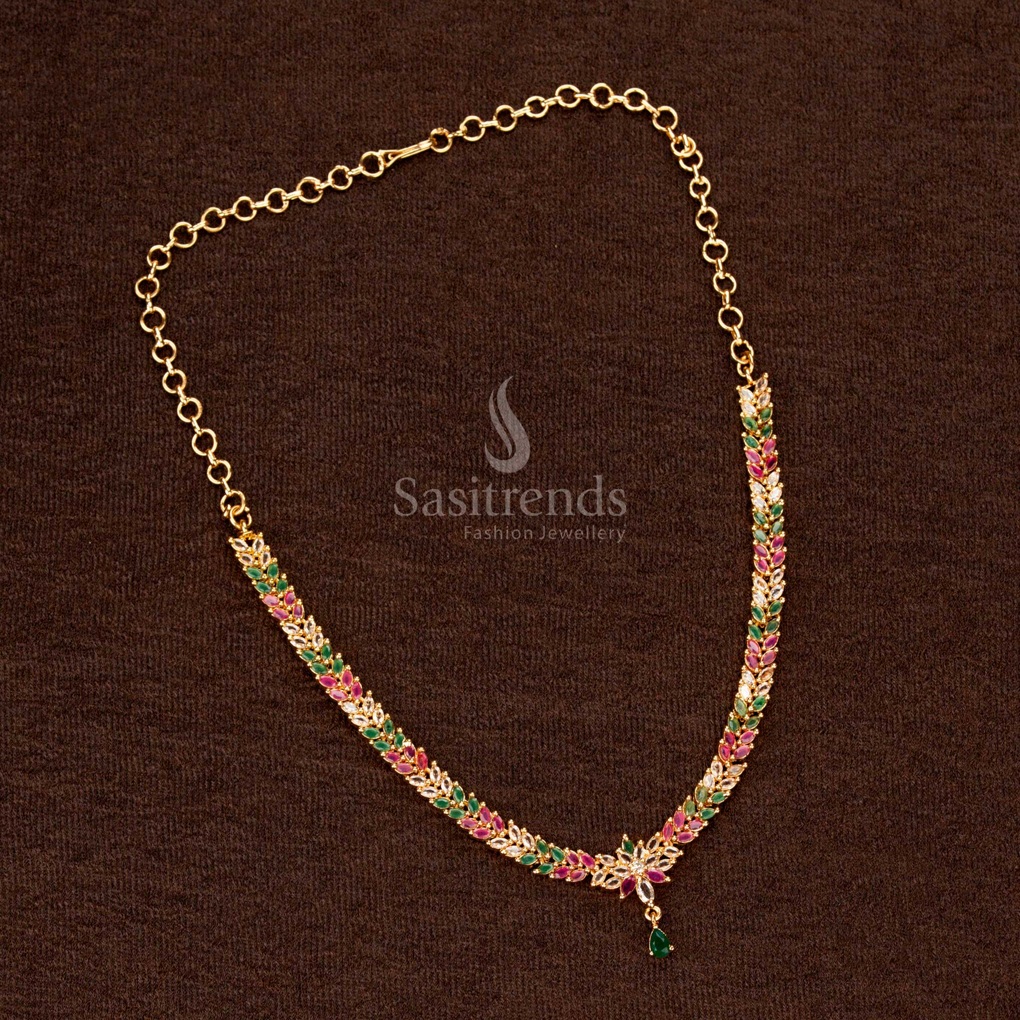 Guaranteed Micro Gold American Diamond Leaf Cluster Necklace Jewellery Set Marquise Stone Floral Vine Design with Matching Teardrop Stone Pendant - Sasitrends - Image 7