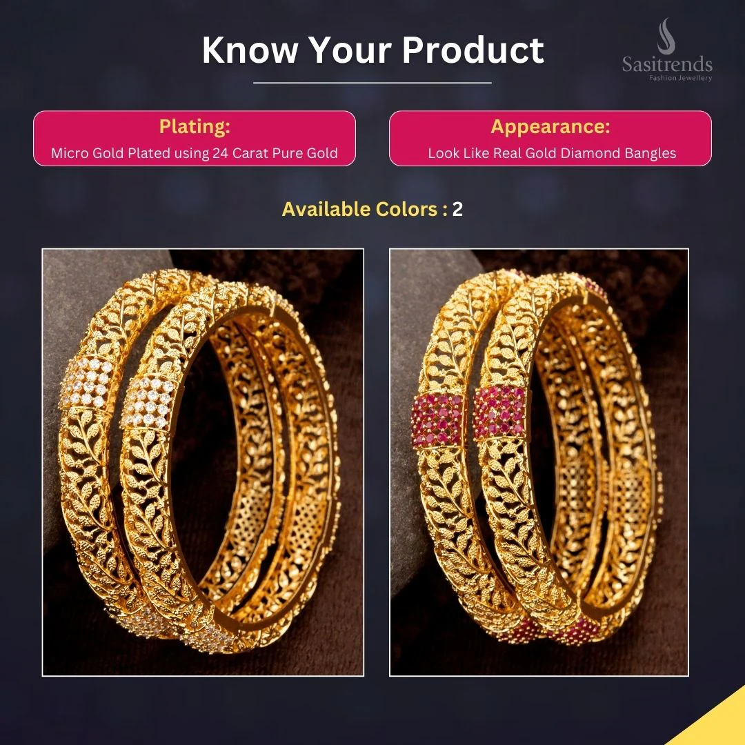 Beautiful Micro Gold Plated Elegant Cutwork Bangles With Intricate Leaf Pattern And American Diamond Stones - Sasitrends - Image 2