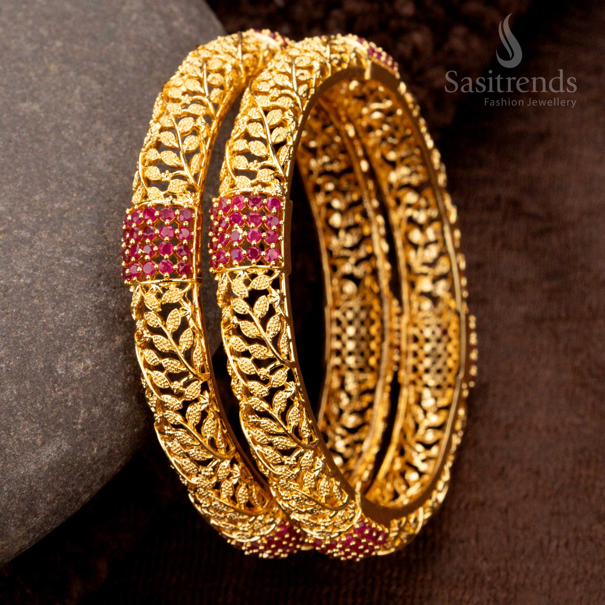 Beautiful Micro Gold Plated Elegant Cutwork Bangles With Intricate Leaf Pattern And American Diamond Stones - Sasitrends - Image 3