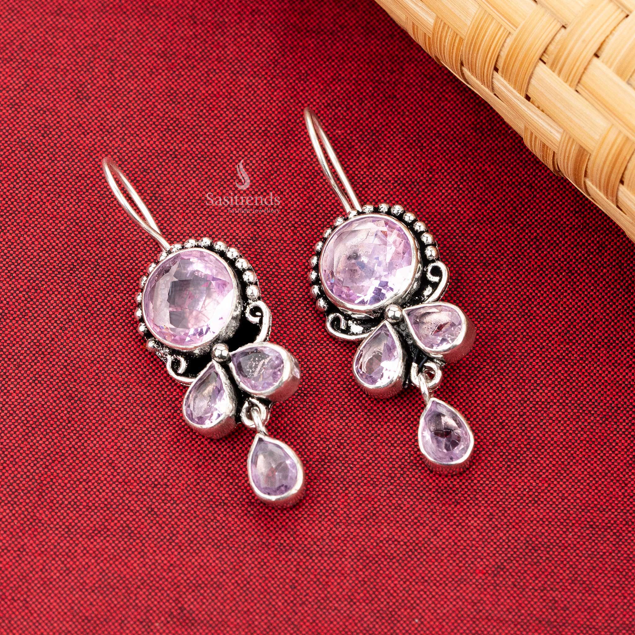 Sasitrends | Oxidised Silver Drop Earrings with Dual Stone Pear Shaped Dangles - Image 2