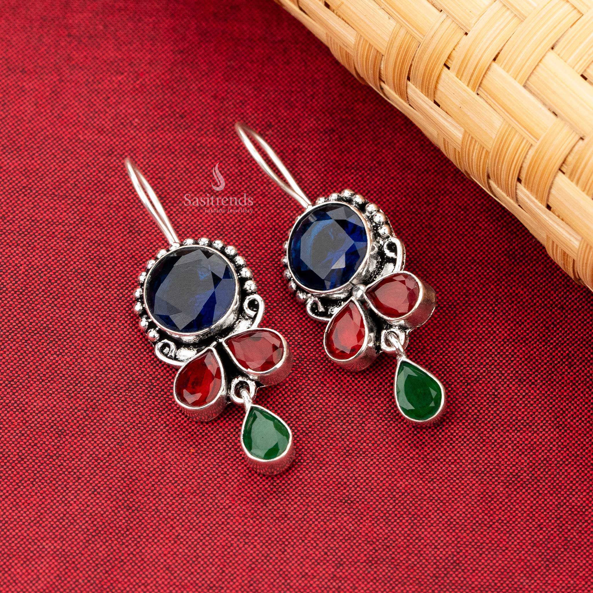 Sasitrends | Oxidised Silver Drop Earrings with Dual Stone Pear Shaped Dangles - Image 7