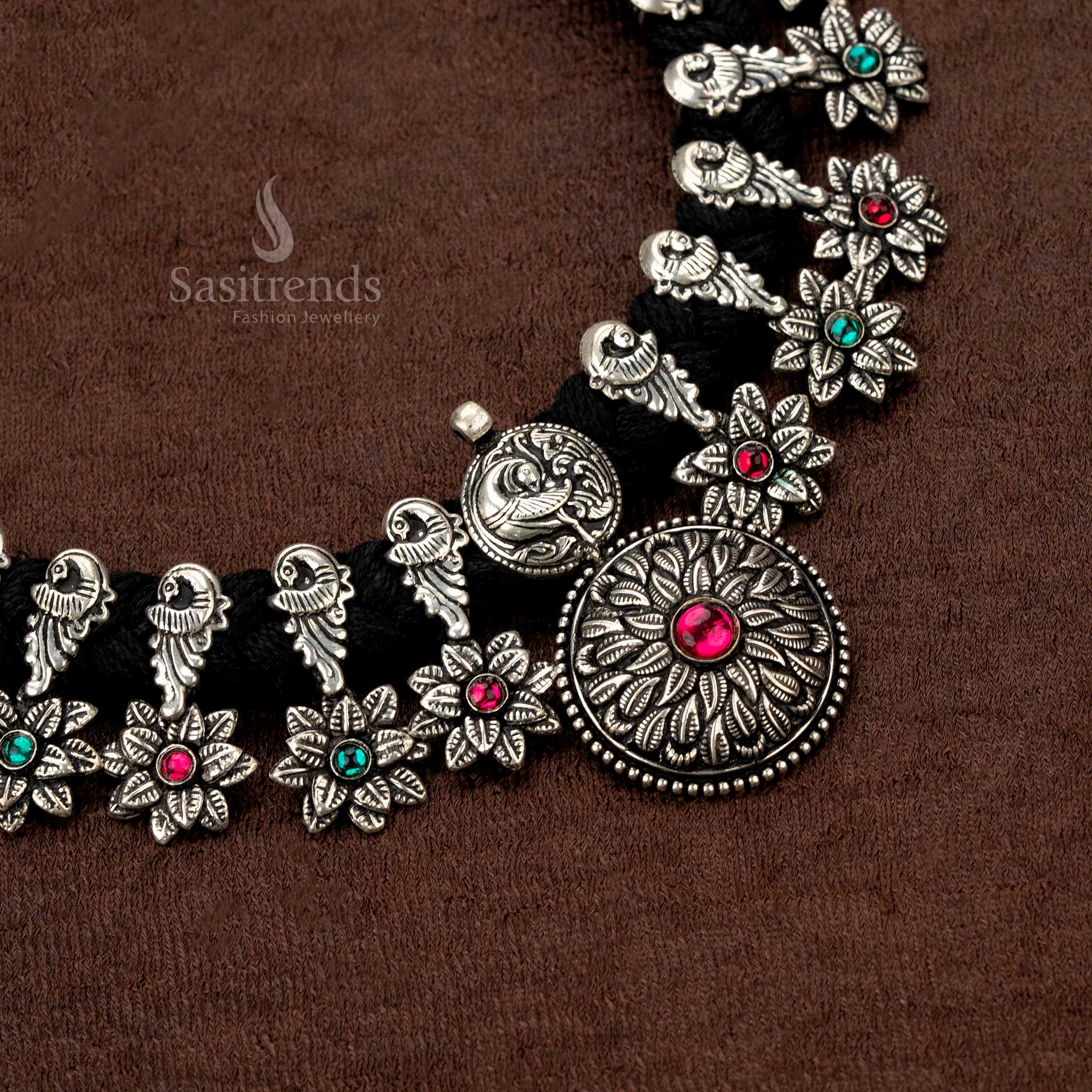 Wonderful Oxidised Thread Necklace Jewellery Set with Floral Engraved Circular Pendant & Earrings - Sasitrends - Image 2