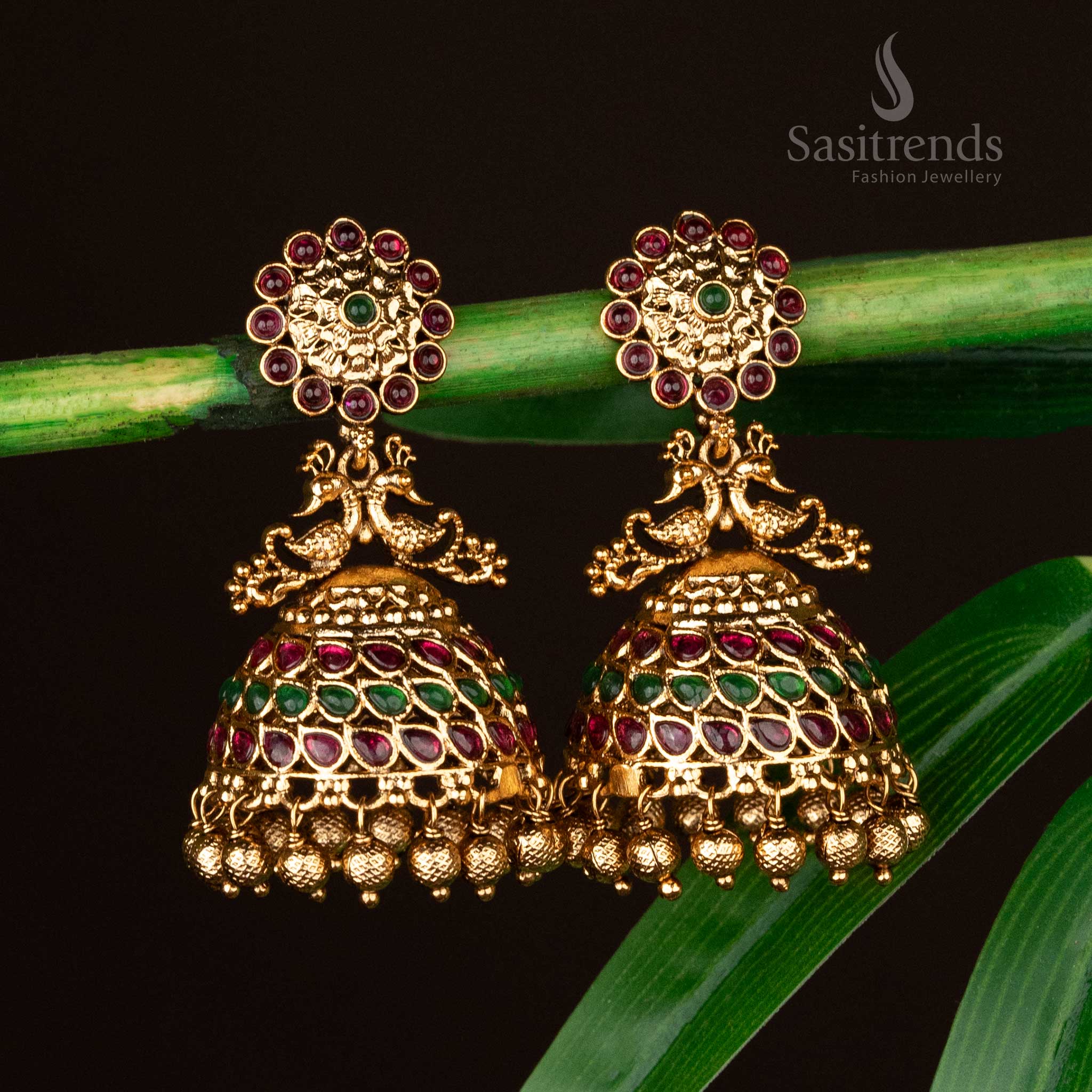Sasitrends - Beautiful Premium Temple Matte Gold Plated Peacock and Floral Big Bridal Jhumka Earrings - Image 2