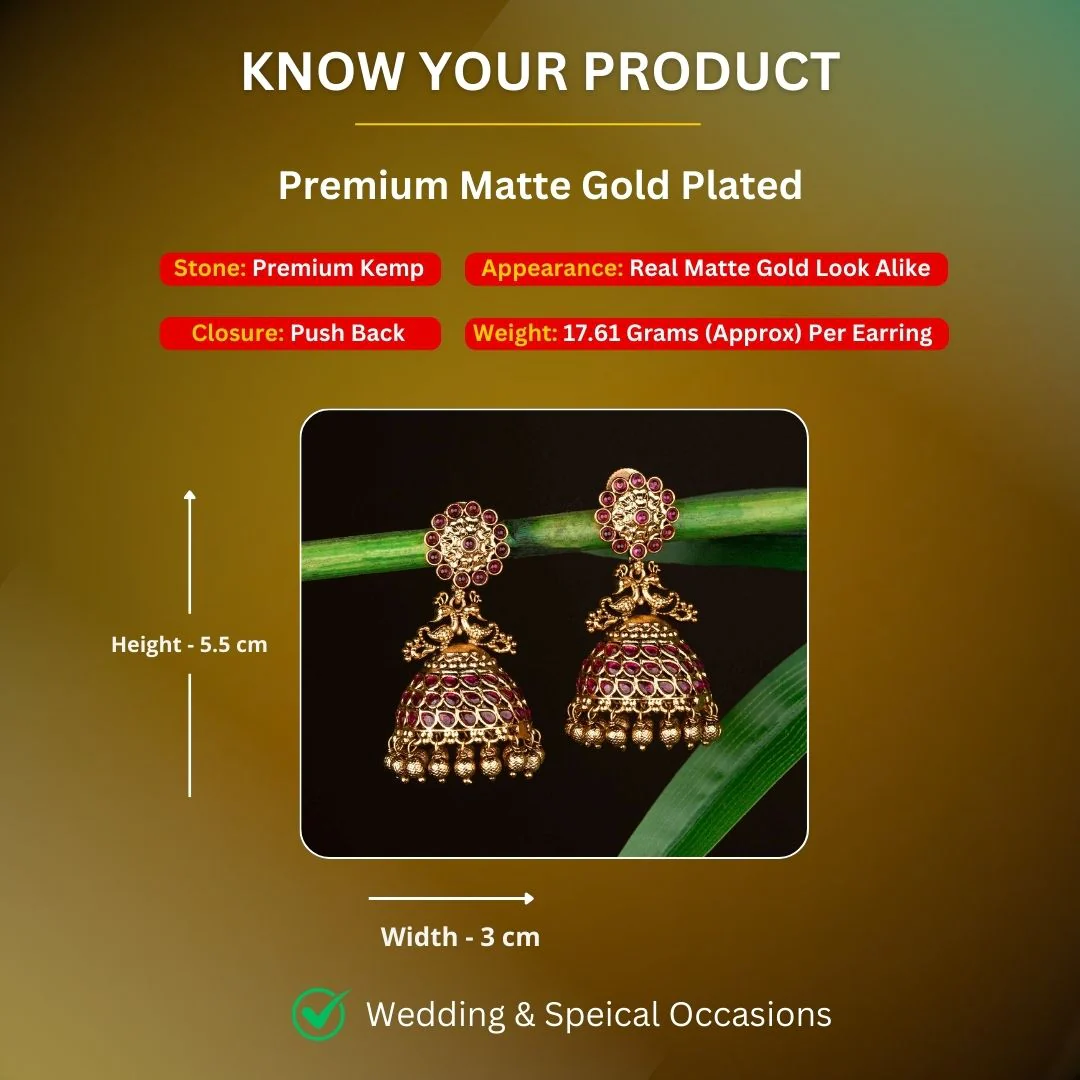 Sasitrends - Beautiful Premium Temple Matte Gold Plated Peacock and Floral Big Bridal Jhumka Earrings - Image 3