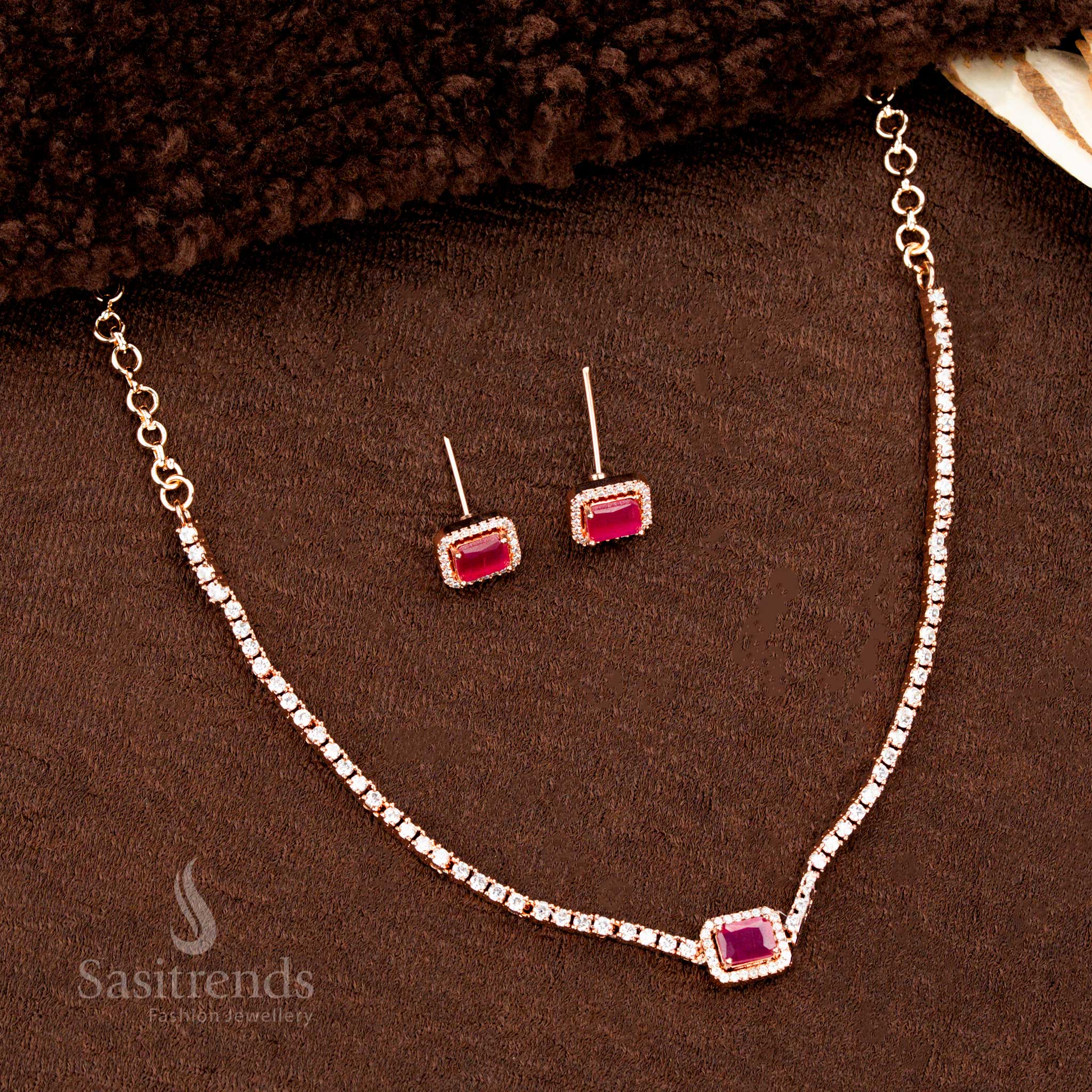 Beautiful Collections Of American Diamond Rectangular Pendant Necklace Jewellery Set  – Rose Gold and Rhodium Silver Plated Variants - Sasitrends
