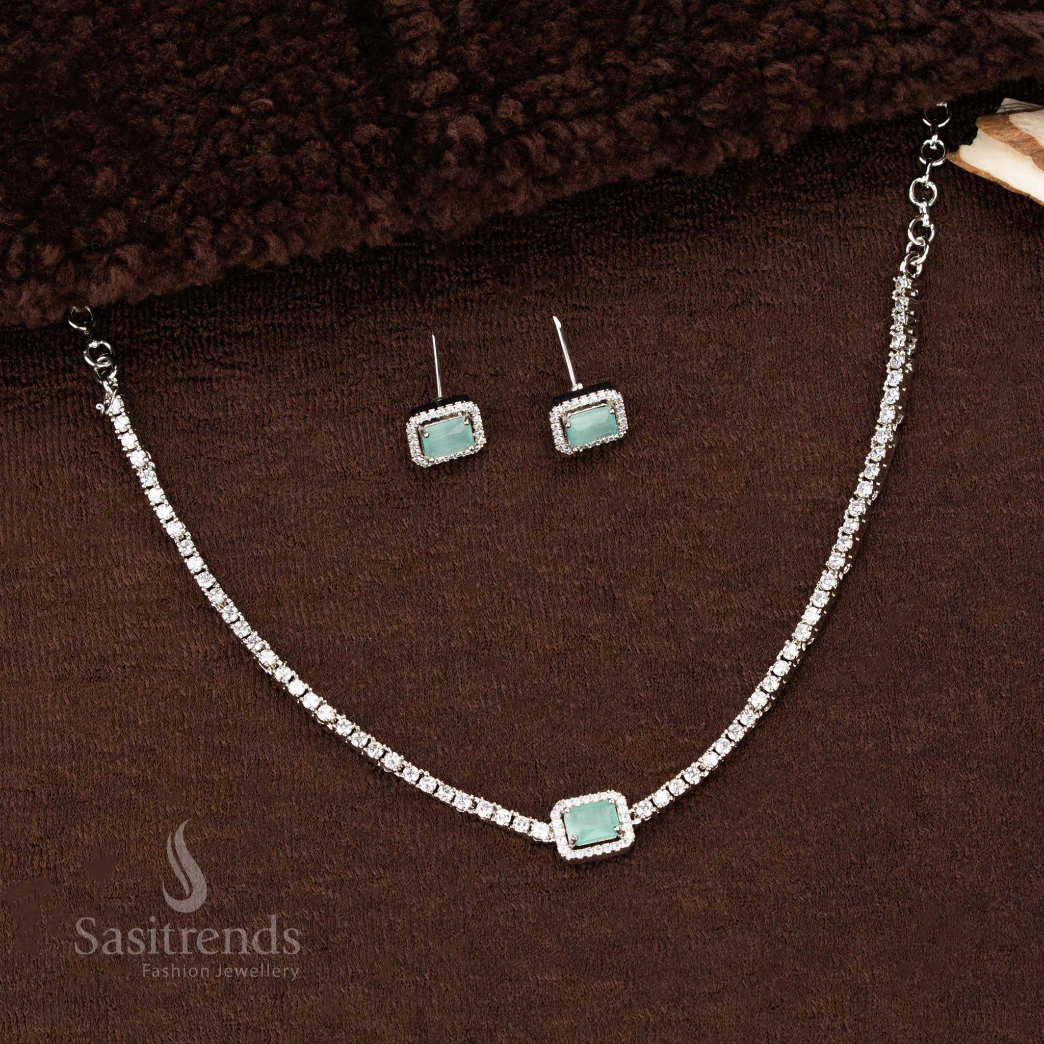 Beautiful Collections Of American Diamond Rectangular Pendant Necklace Jewellery Set  – Rose Gold and Rhodium Silver Plated Variants - Sasitrends - Image 11