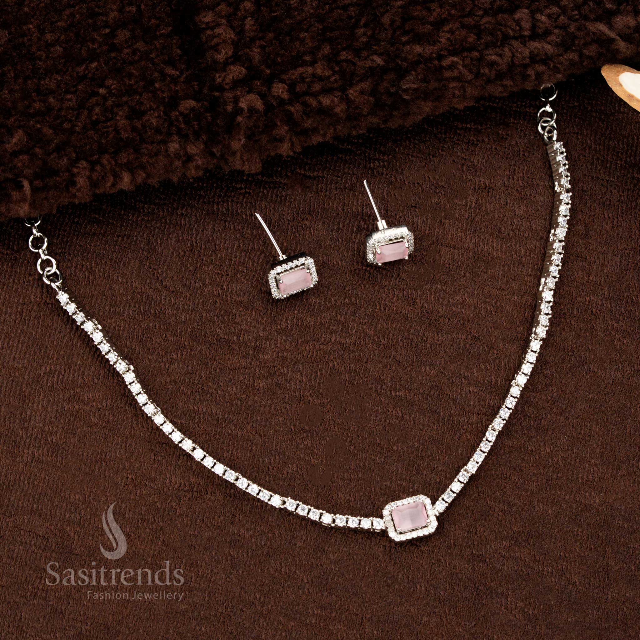 Beautiful Collections Of American Diamond Rectangular Pendant Necklace Jewellery Set  – Rose Gold and Rhodium Silver Plated Variants - Sasitrends - Image 5