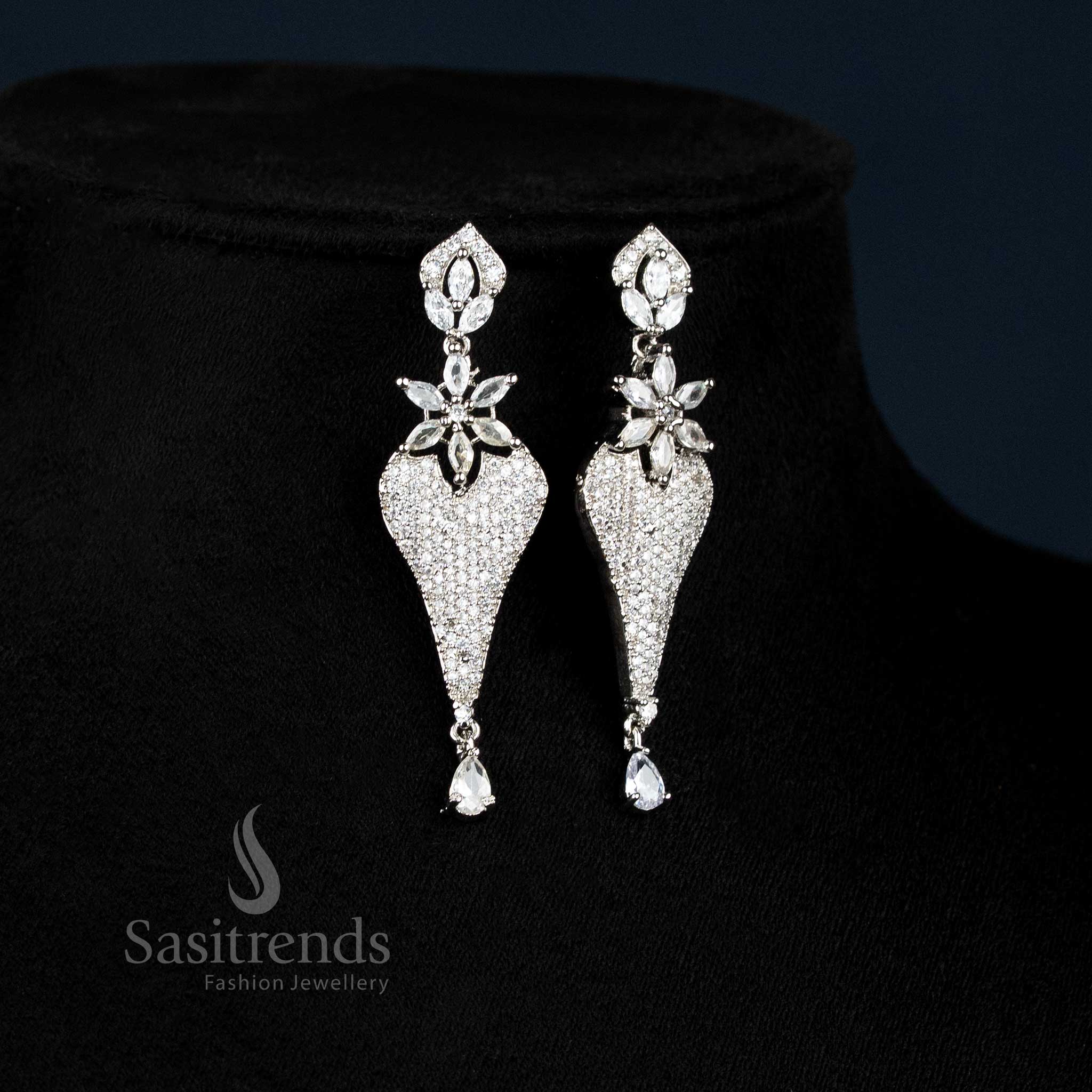 American Diamond Rhodium Silver Plated Designer Necklace Jewellery Set with Floral Drop Pendant - Sasitrends - Image 3
