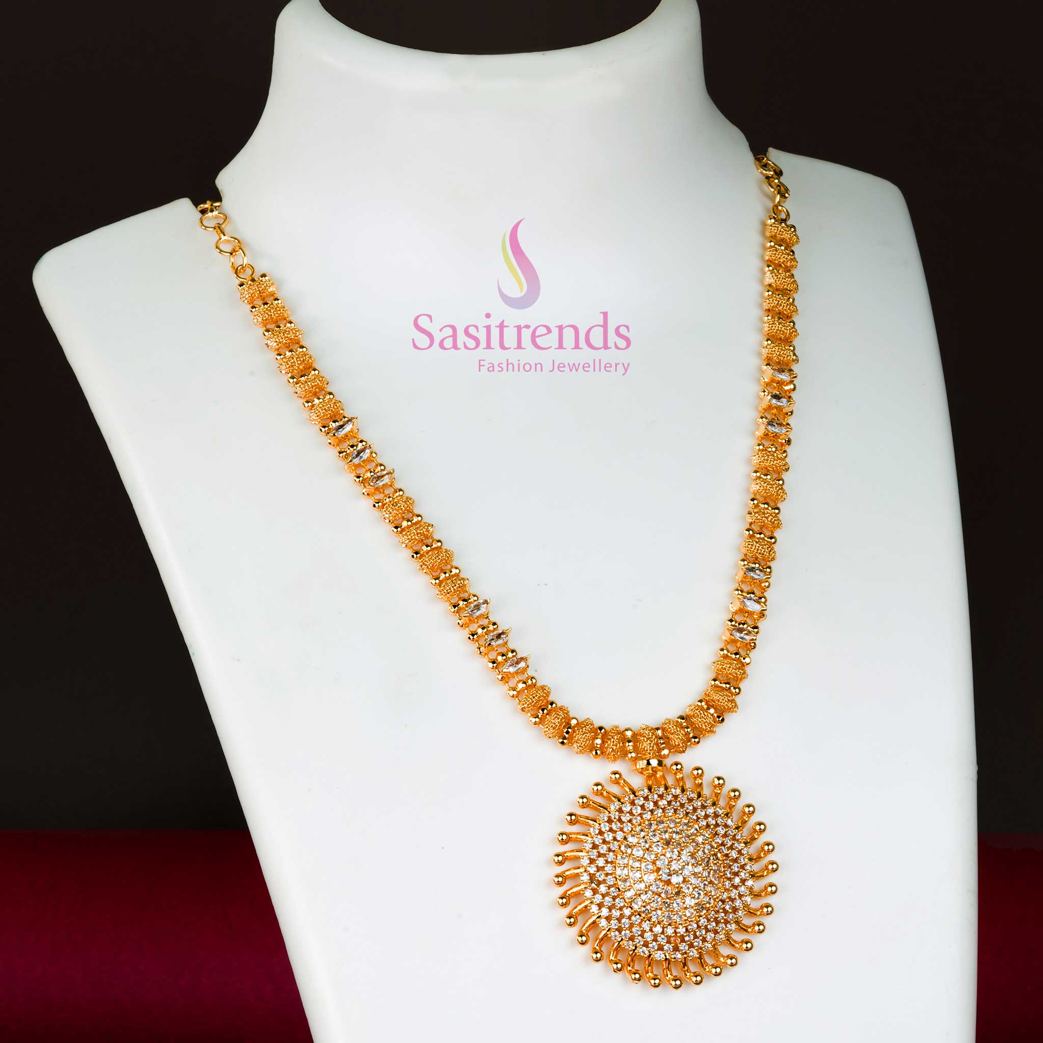 Glorious Sunburst: Micro Gold Plated Sun Pattern Locket Necklace with Adorned Flower Design and Radiant American Diamond Layers - Image 4