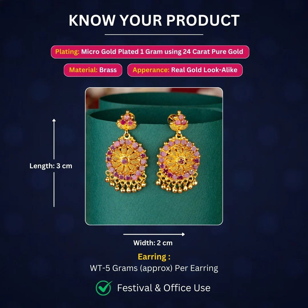 Sasitrends | Sunburst Floral Drop Earrings with AD Stones and Golden Balls – One Gram Micro Gold Plated - Image 2