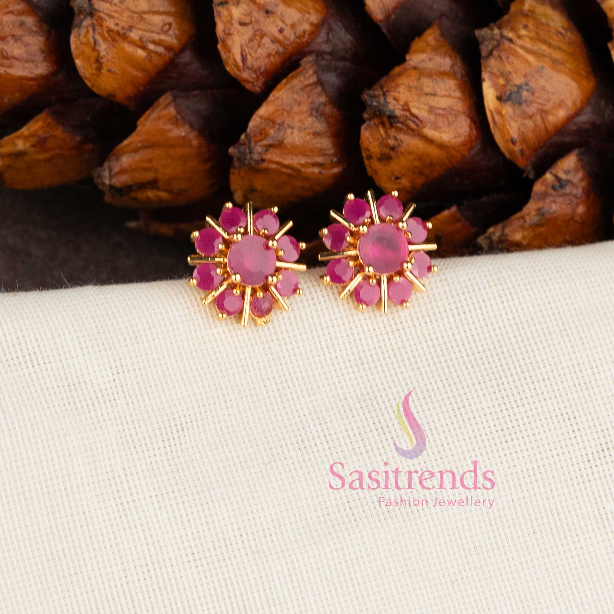Sunburst Floral Design 24 Carat Look Micro Gold Plated American Diamond Stone Earrings Studs - Sasitrends - Image 3