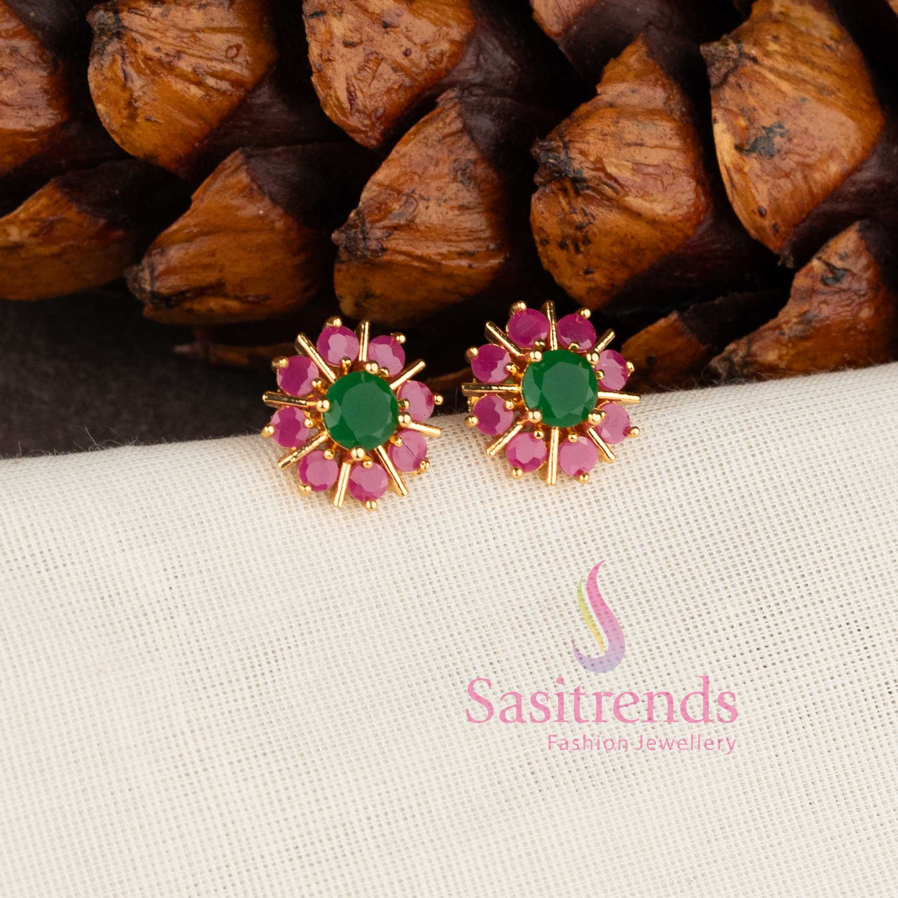 Sunburst Floral Design 24 Carat Look Micro Gold Plated American Diamond Stone Earrings Studs - Sasitrends - Image 5