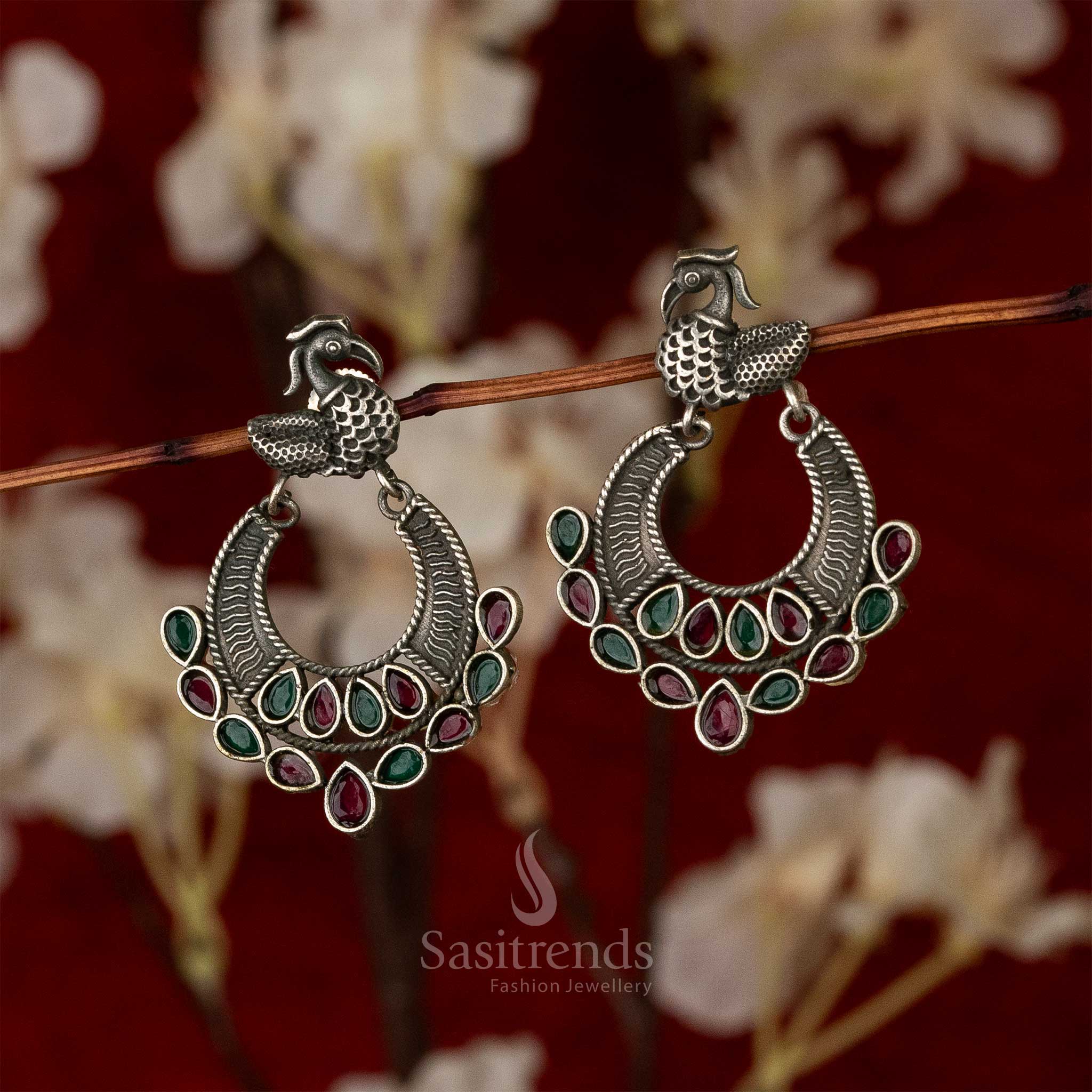 Elegant Swan Motif Silver-Look Oxidised Earrings with Waterdrop Gemstones - Image 5