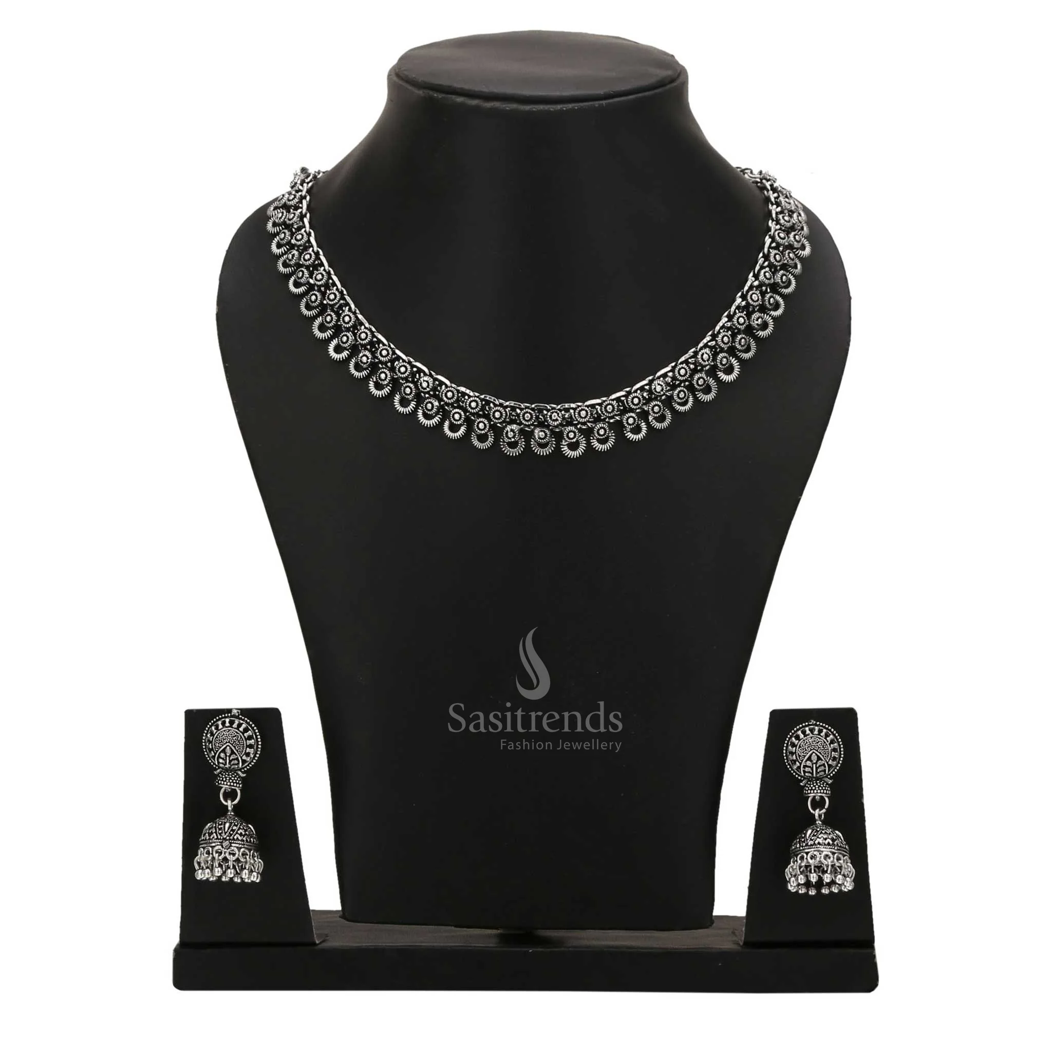Tanvi Oxidised Choker Necklace Jewellery Set with Traditional Jhumka in Antique Gold and Oxidised Silver - Sasitrends - Image 3