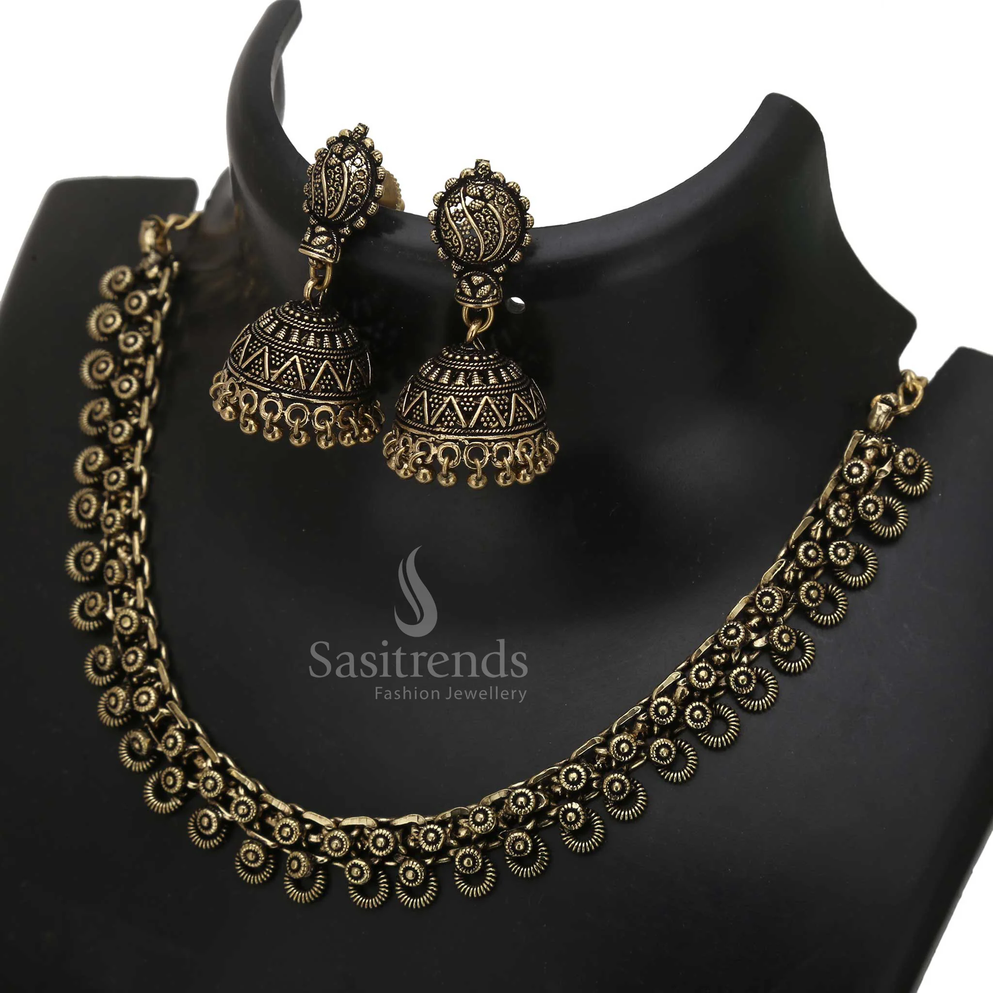 Tanvi Oxidised Choker Necklace Jewellery Set with Traditional Jhumka in Antique Gold and Oxidised Silver - Sasitrends - Image 4