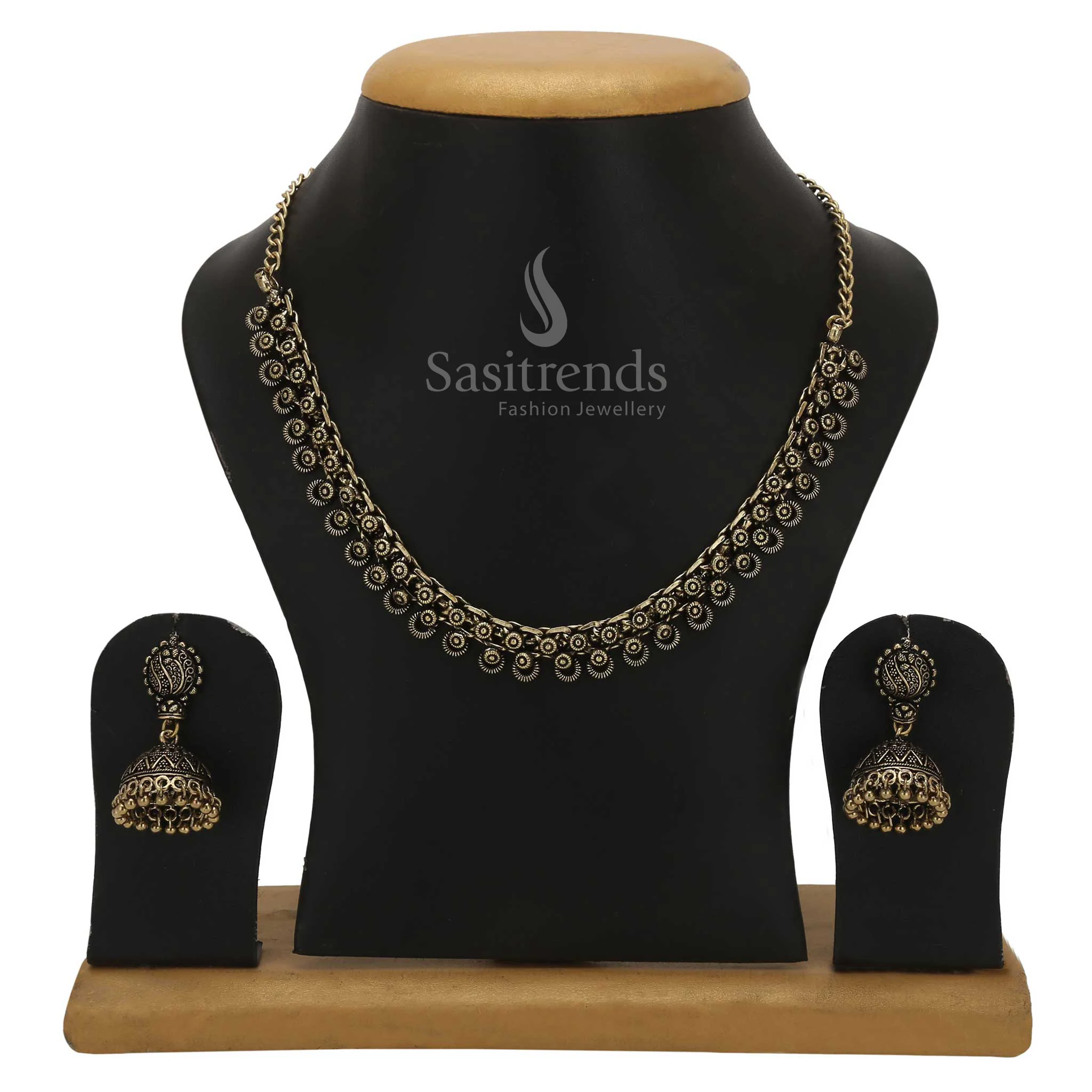 Tanvi Oxidised Choker Necklace Jewellery Set with Traditional Jhumka in Antique Gold and Oxidised Silver - Sasitrends - Image 5
