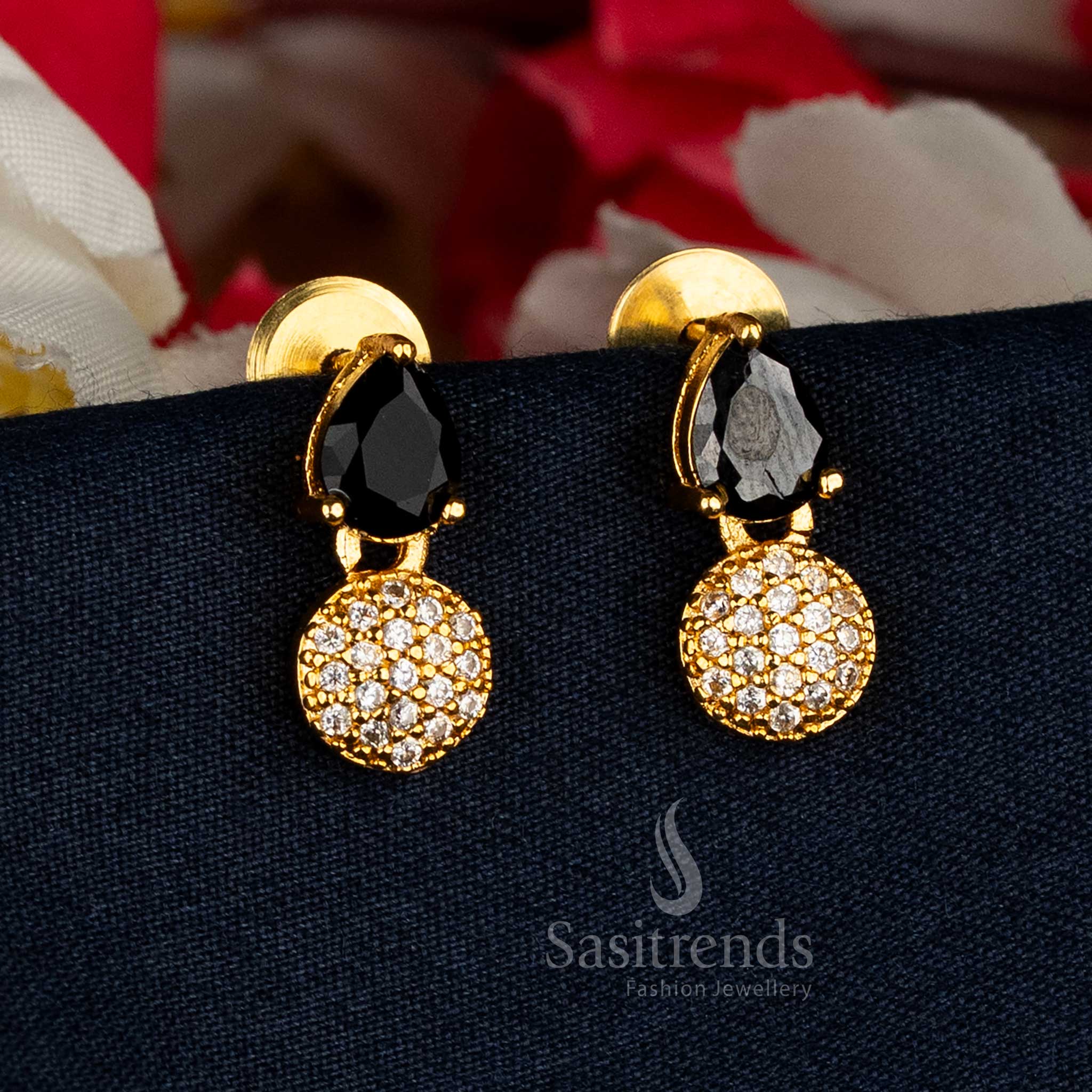 Teardrop and Round Cluster American Diamond Gold Plated Earrings - Sasitrends - Image 4