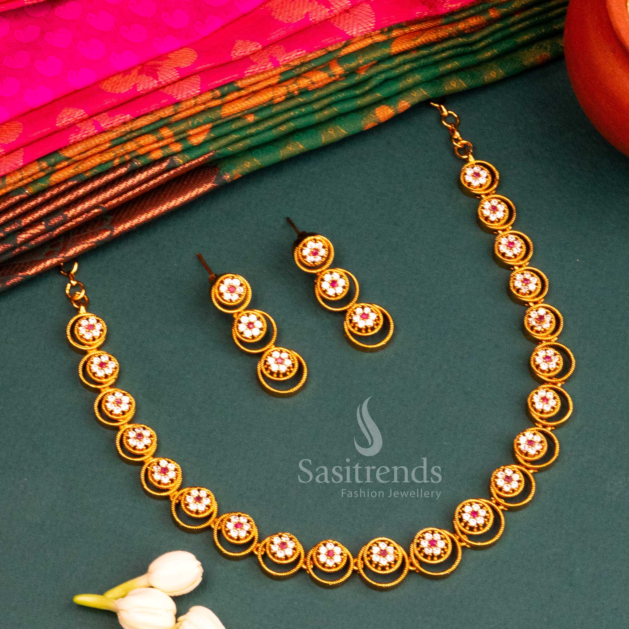 Exquisite Floral Temple Matte Gold Tone Necklace Jewellery Set with AD Accents | Sasitrends - Image 3