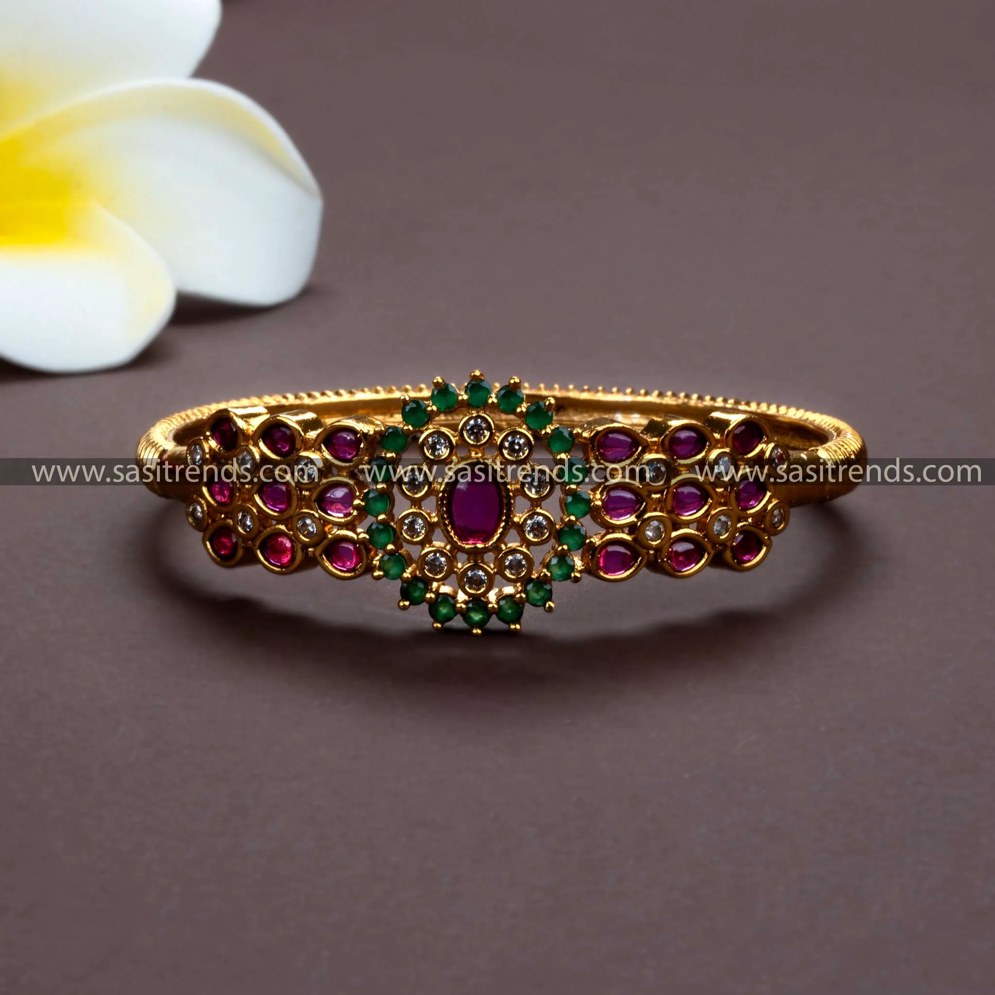 Stunning Temple Matte Gold Plated American Diamond Floral Bangles for Women - Perfect for Traditional Occasions! - Image 5
