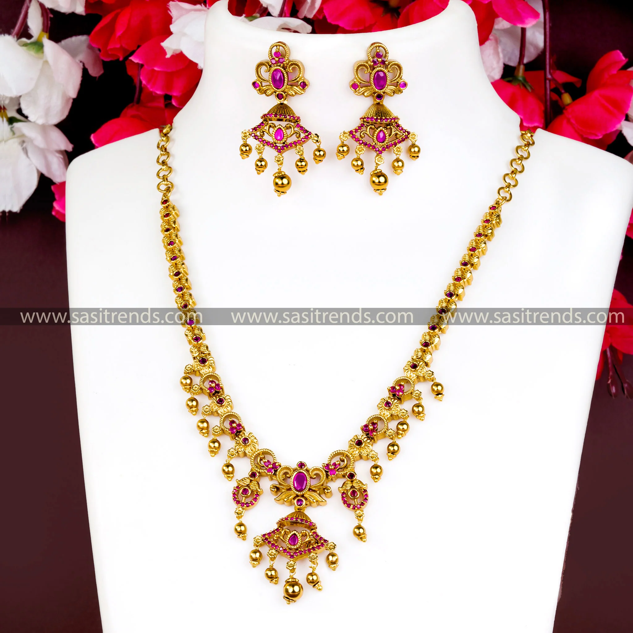 Temple Floral Necklace Jewellery Set with Matte Gold Plating and AD Stones | Sasitrends - Image 3