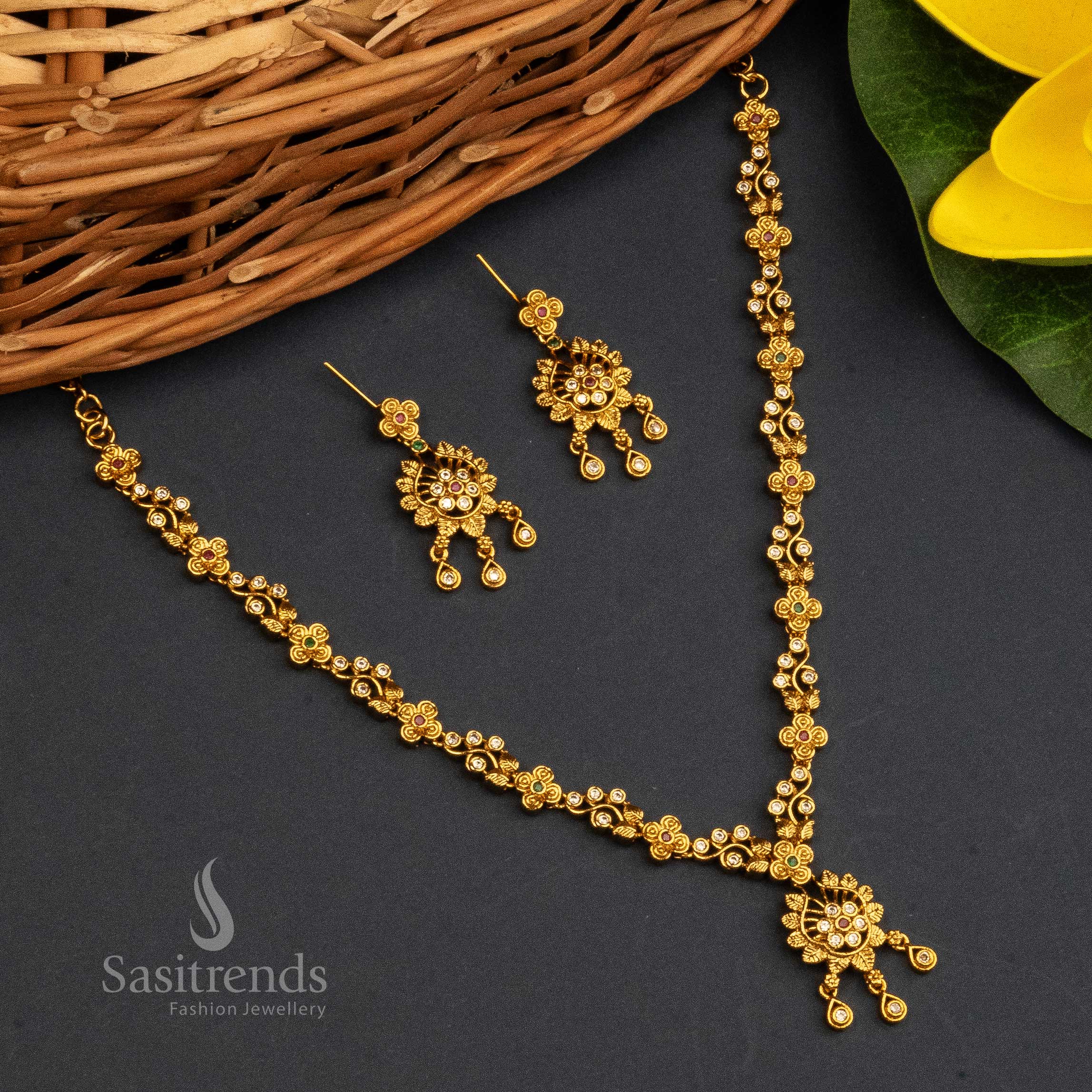 Traditional Matte Gold Plated Temple Necklace Jewellery Set with AD Stones | Sasitrends - Image 3