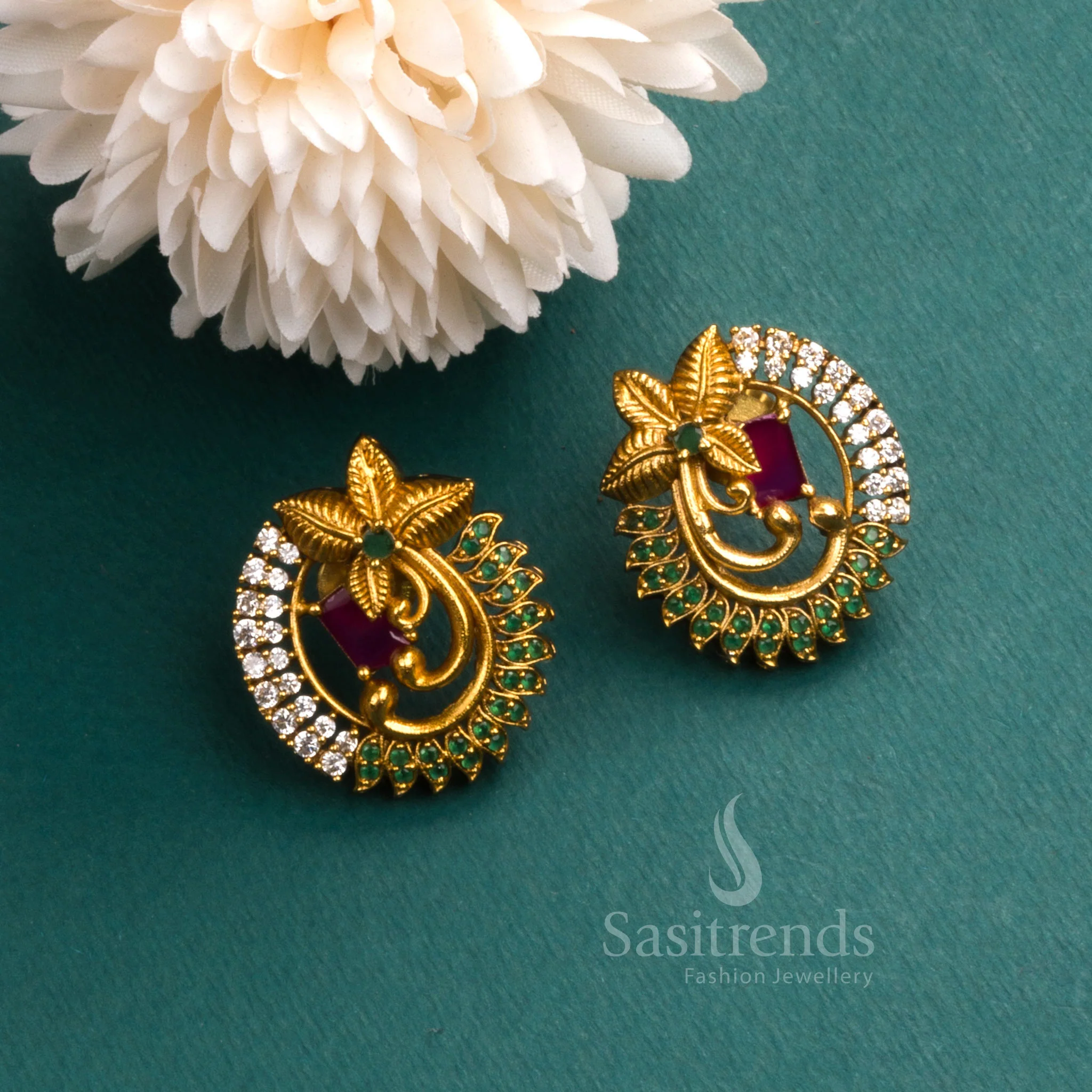 Trendy Temple Matte Gold Tone Floral Earrings with AD Stones for Women - Latest New Collection - Image 2