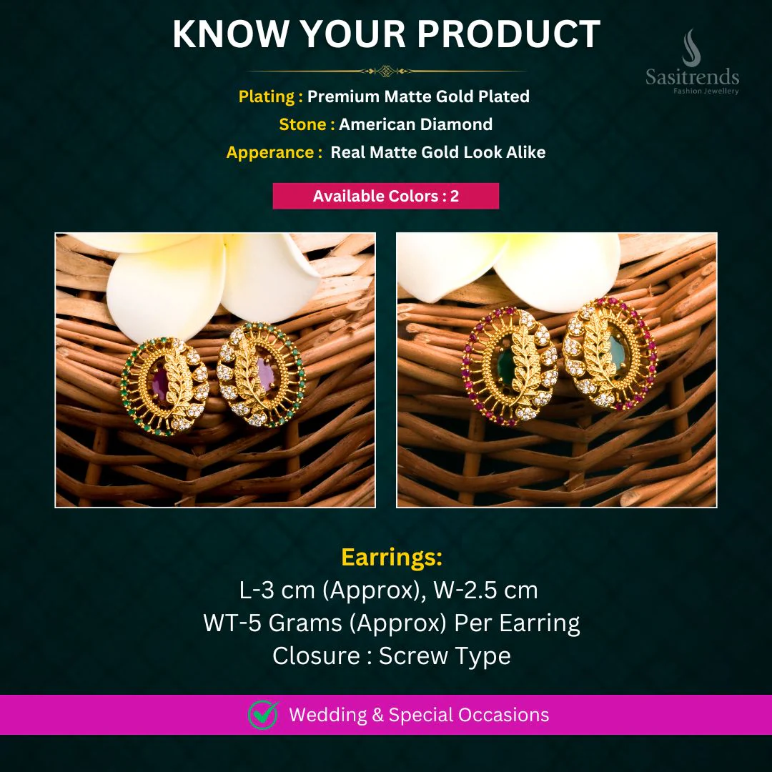 Gorgeous Traditional Temple Matte Gold Tone Leaf Earrings with AD Stones for Women - Latest Collection | Sasitrends - Image 2