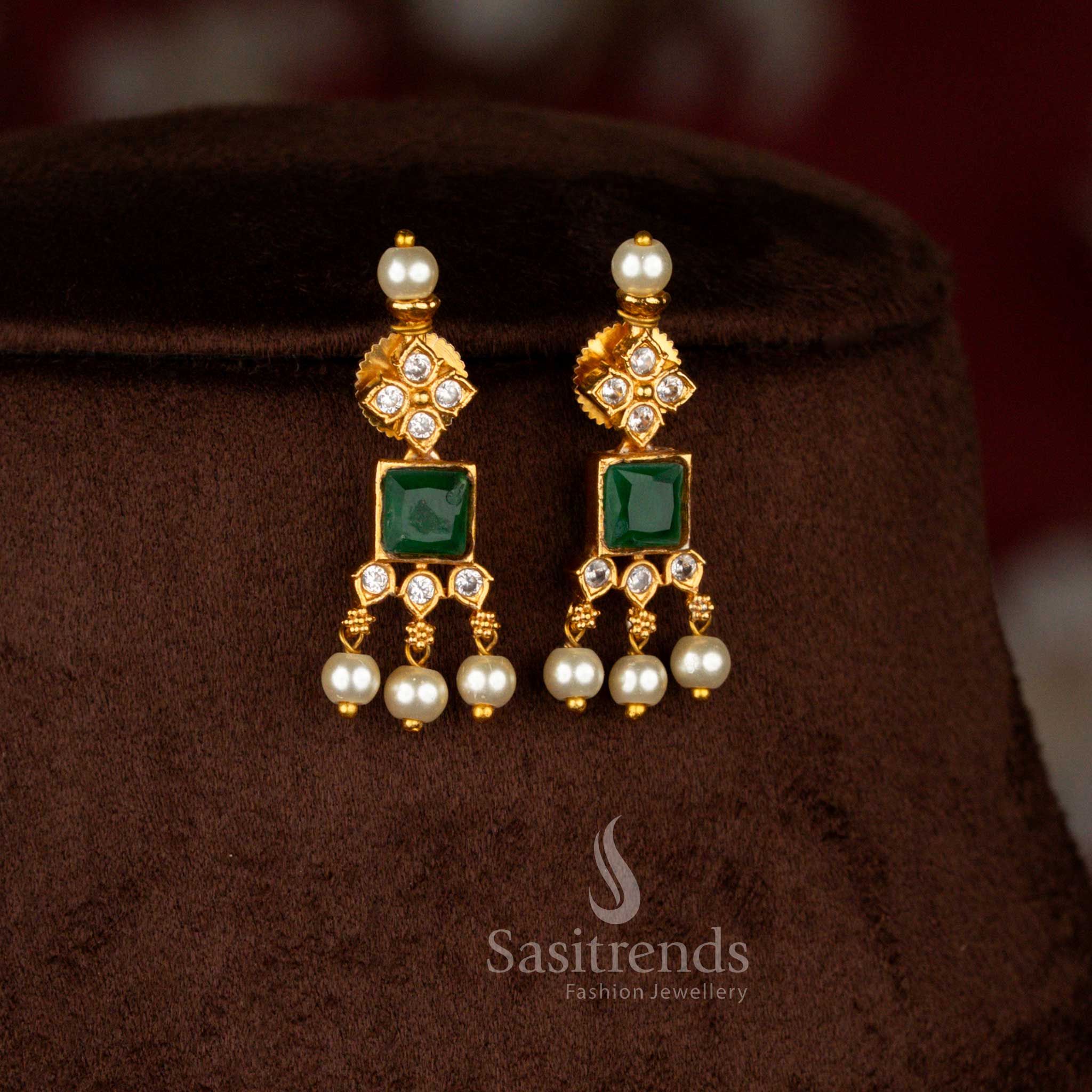 Latest Bridal Wear Temple Matte Gold Tone Square Motifs Pearl Choker AD Stones Necklace Jewellery Set | Sasitrends - Image 3