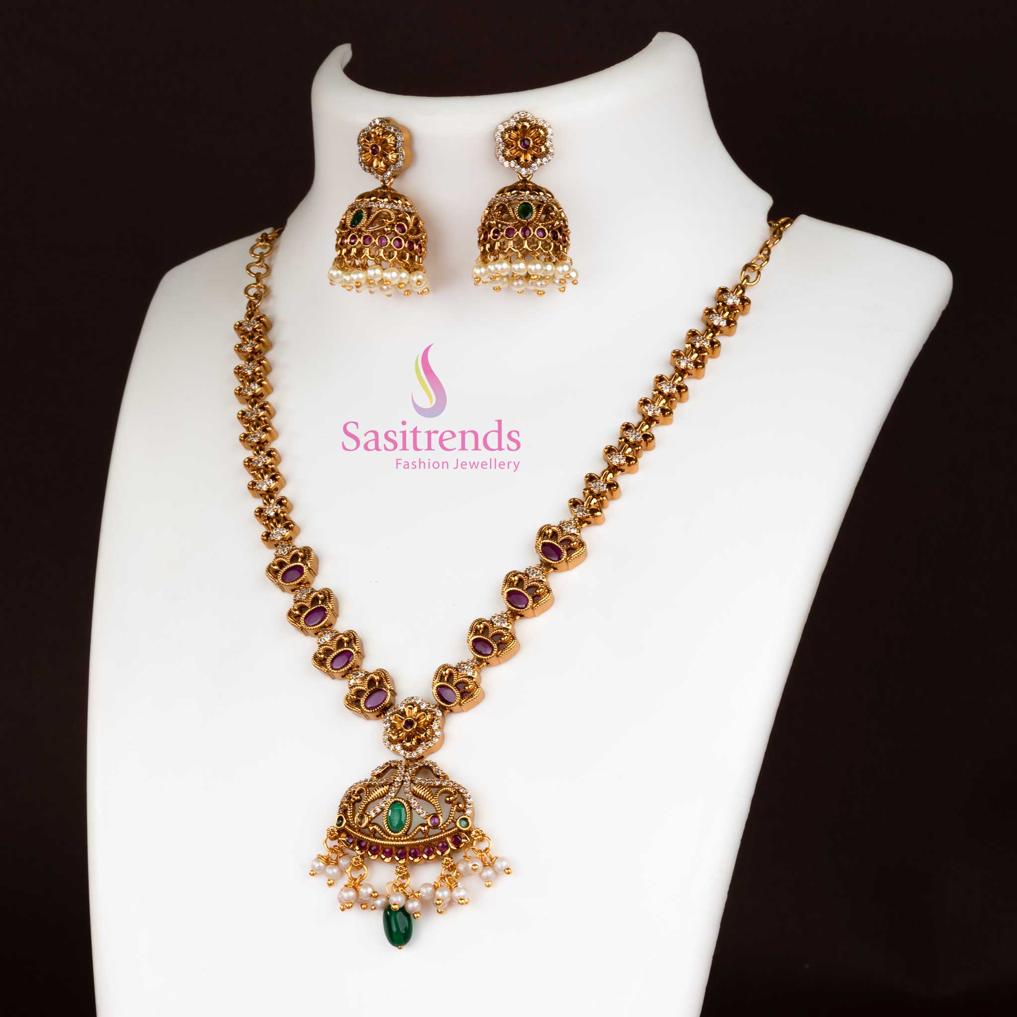Latest Temple Matte Gold Floral Pendant Necklace Jewellery Set with Pearl Jhumkas for Women | Sasitrends