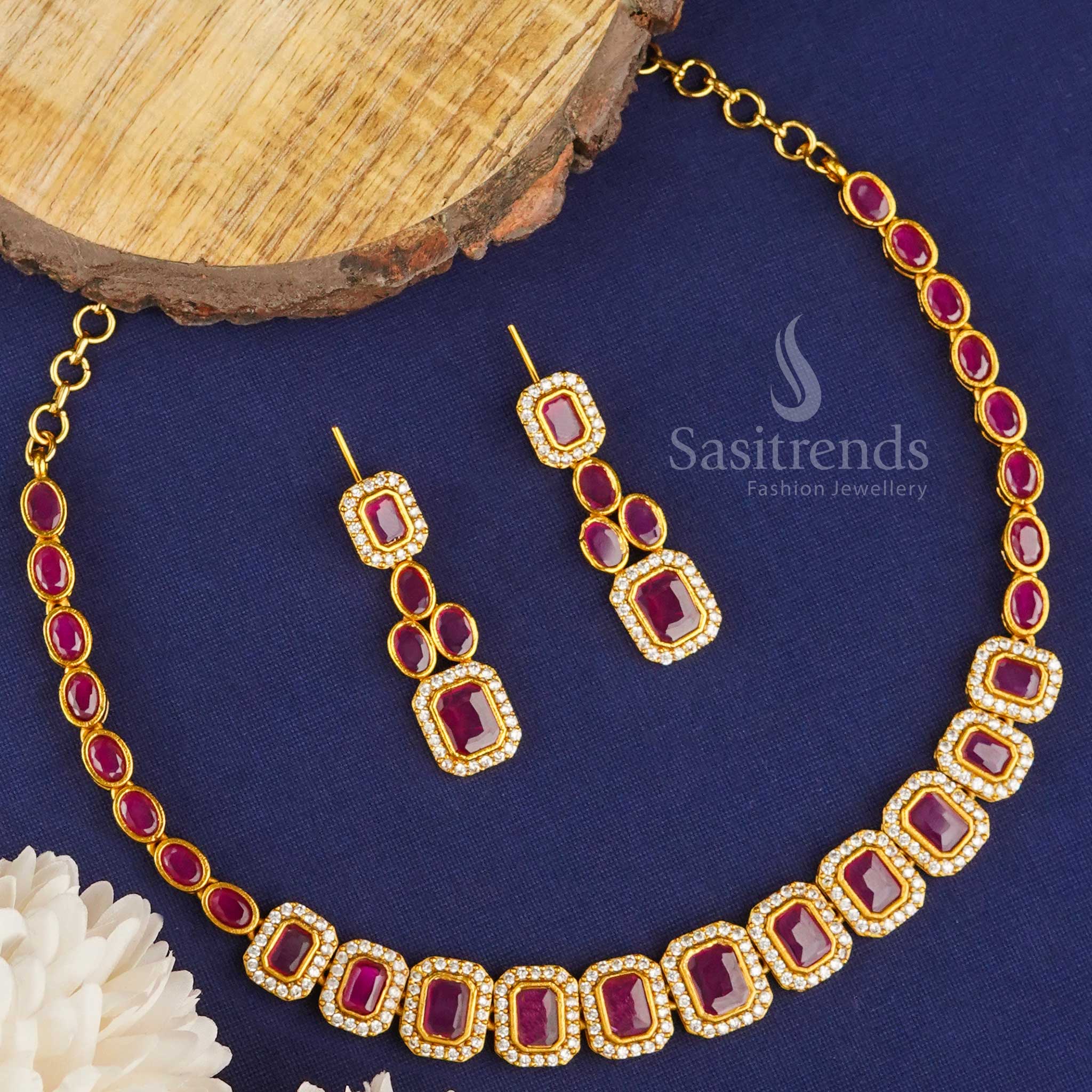 New Trendy Matte Gold Plated American Diamond Peacock Choker Necklace Jewellery Set | Sasitrends - Image 5