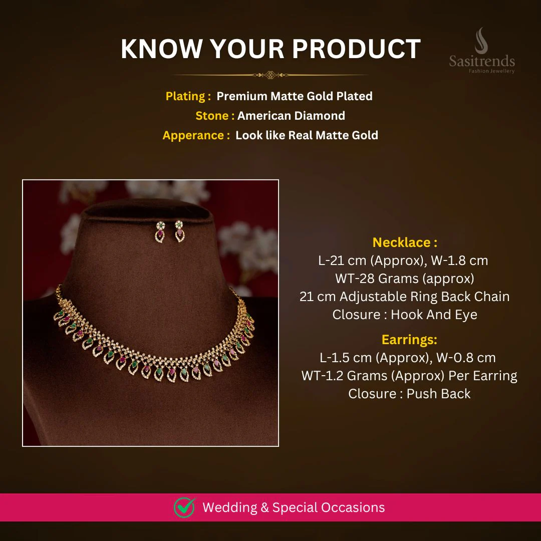 Trendy Temple Matte Gold Plated Mango Leaf Necklace Jewellery Set with Floral Design and American Diamond Stones for Women - Image 2
