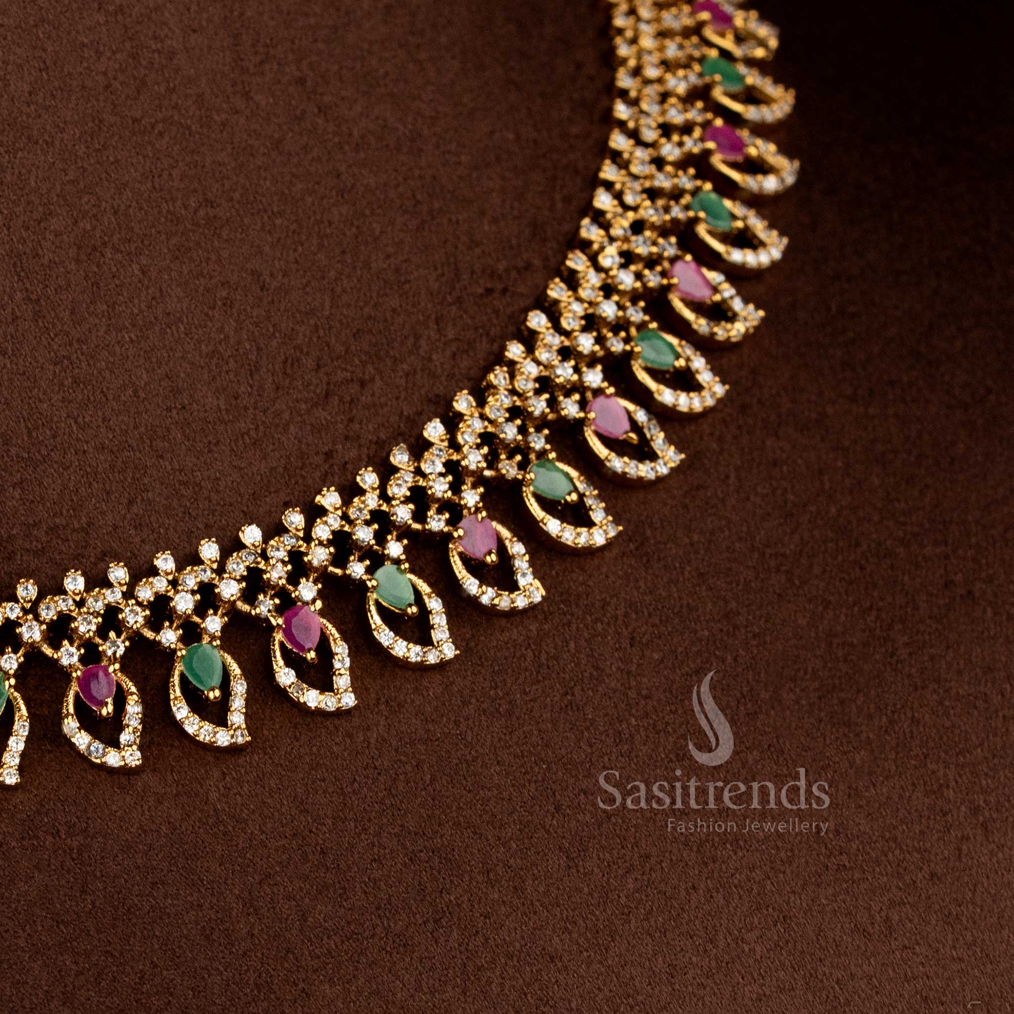 Trendy Temple Matte Gold Plated Mango Leaf Necklace Jewellery Set with Floral Design and American Diamond Stones for Women - Image 3