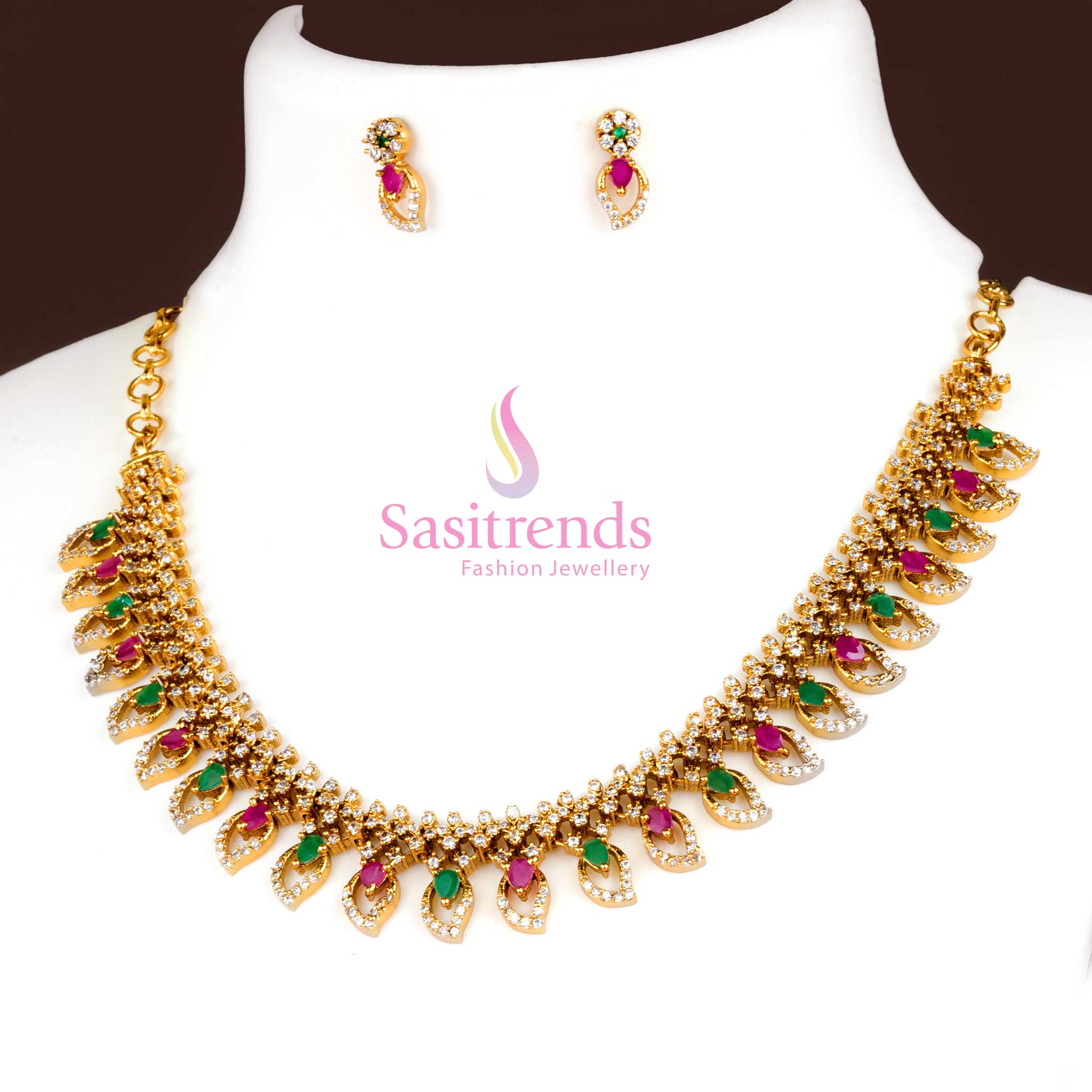 Trendy Temple Matte Gold Plated Mango Leaf Necklace Jewellery Set with Floral Design and American Diamond Stones for Women - Image 6