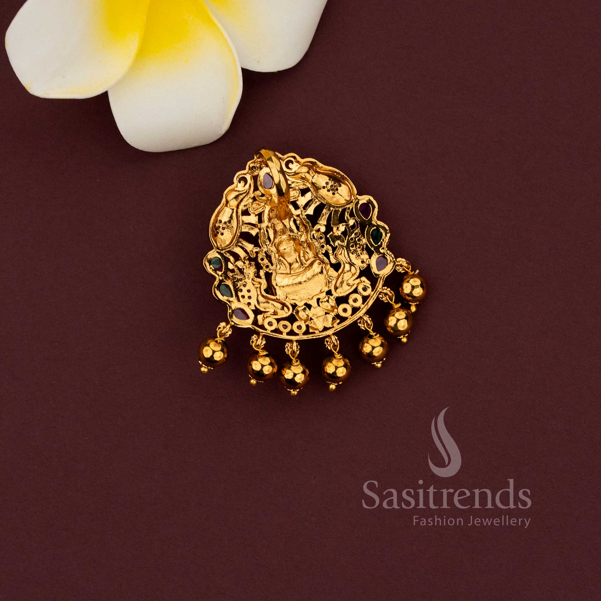 Temple Lakshmi Matte Gold Plated AD Kemp Pendant Collection – Nagas Design | Gold Beads & Rice Pearl Variations | Bridal Jewellery - Sasitrends - Image 11