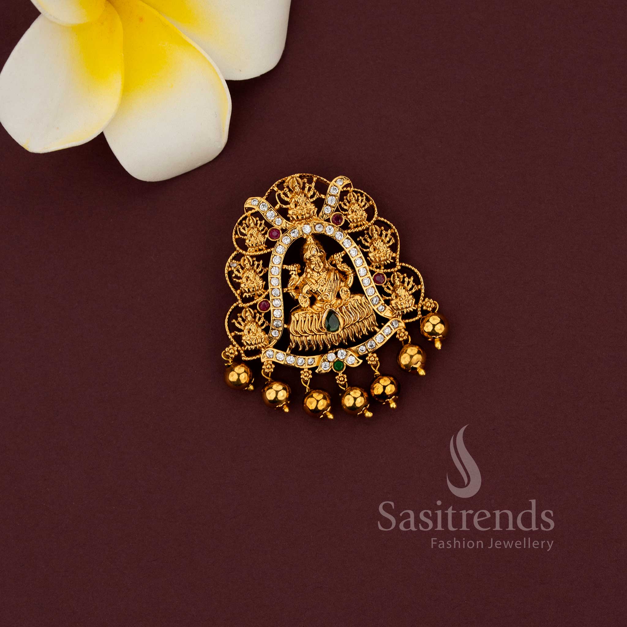 Temple Lakshmi Matte Gold Plated AD Kemp Pendant Collection – Nagas Design | Gold Beads & Rice Pearl Variations | Bridal Jewellery - Sasitrends - Image 13