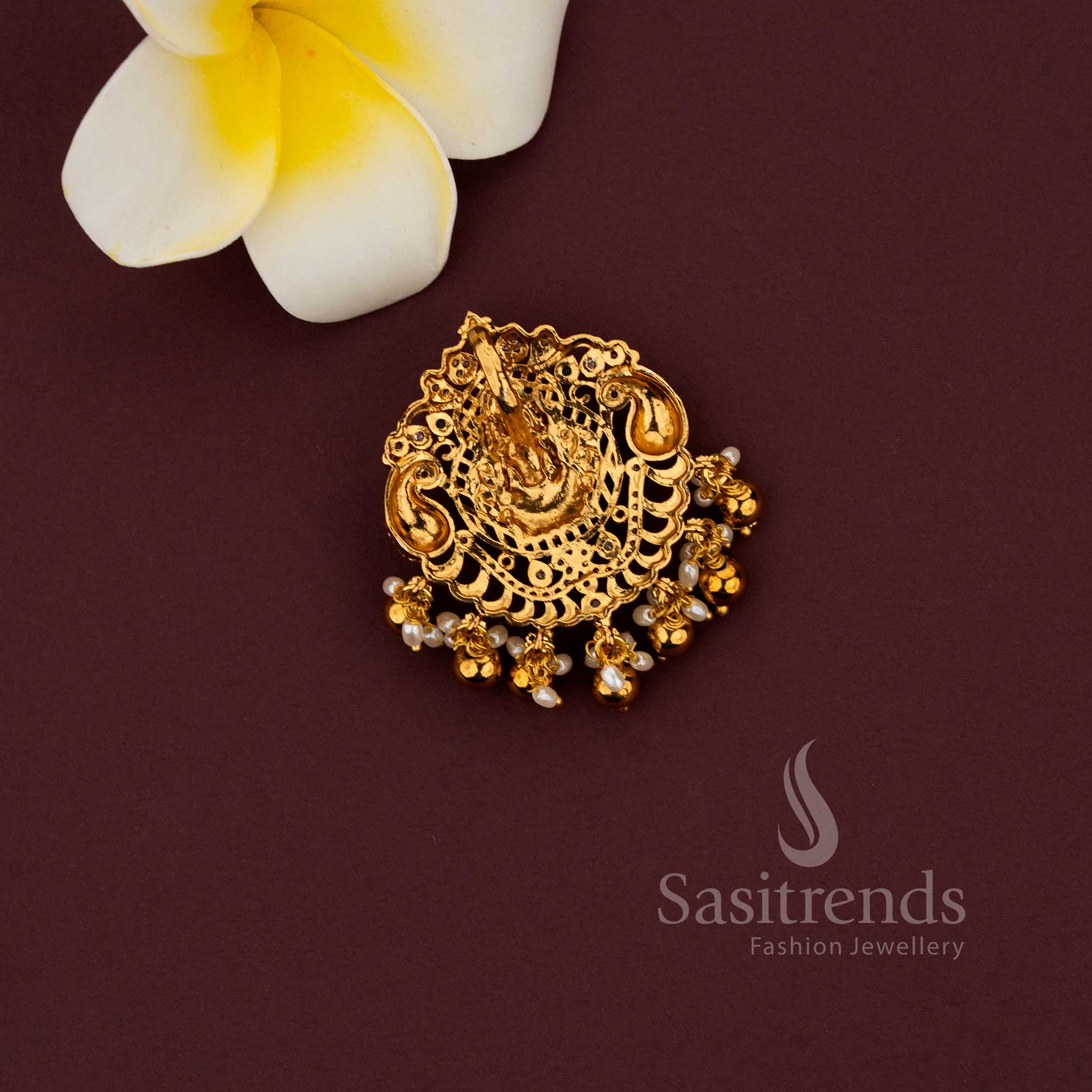 Temple Lakshmi Matte Gold Plated AD Kemp Pendant Collection – Nagas Design | Gold Beads & Rice Pearl Variations | Bridal Jewellery - Sasitrends - Image 20